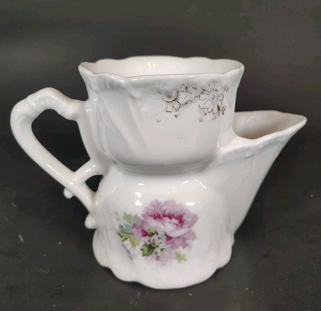 Antique Style Porcelain Shaving Scuttle Mug Pink Roses Floral Gold Trim