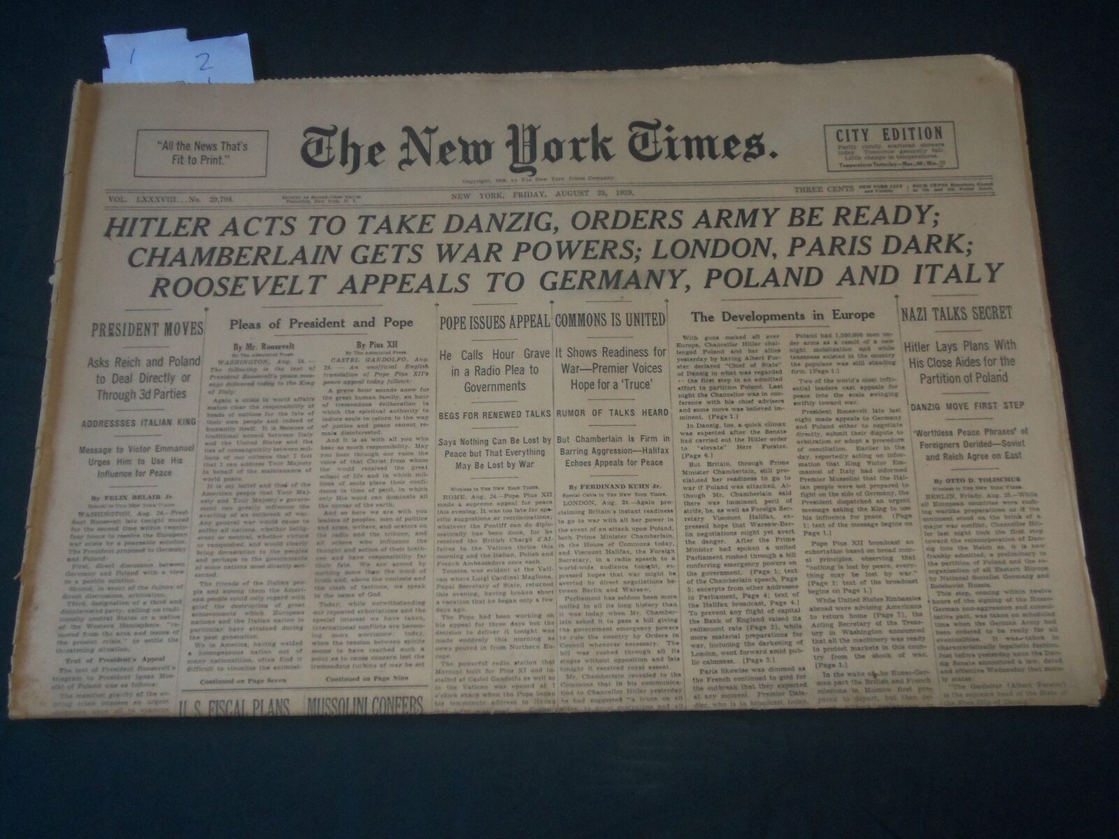 1939 AUGUST 25 NEW YORK TIMES NEWSPAPER - HITLER ACTS TO TAKE DANZIG- NP 3607