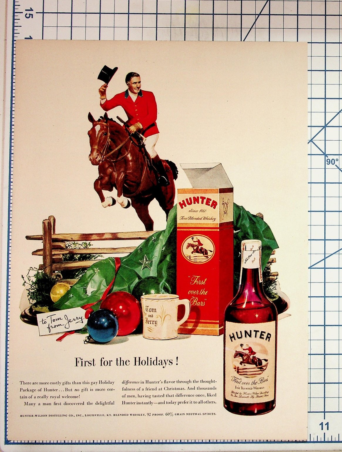 Vintage 1940s Hunter Whiskey Magazine Ad Fox Hunt Christmas Tom & Jerry