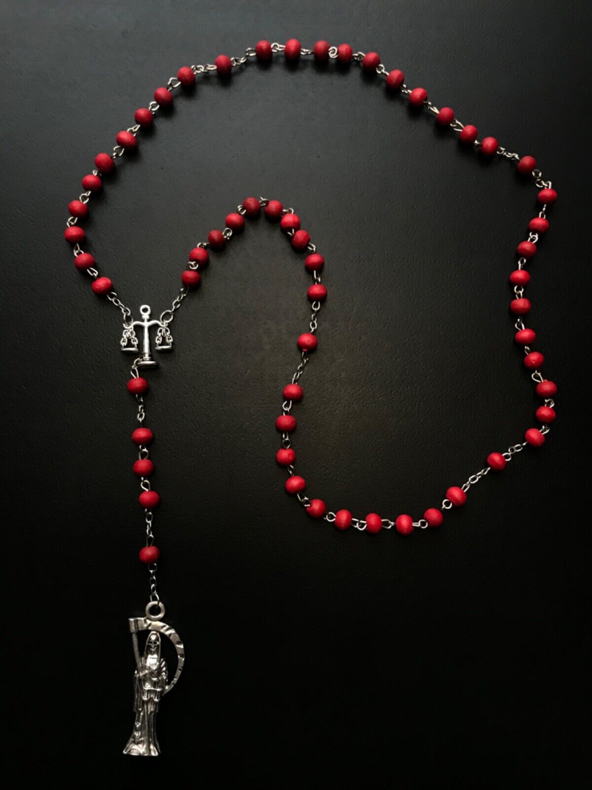 Santa Muerte Rosary / Red wood beads/ Rose scented / Handmade / )