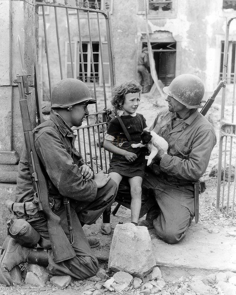 US Soldiers Helping Young Civilian Girl 8x10 Photo Print WWII HT41362225