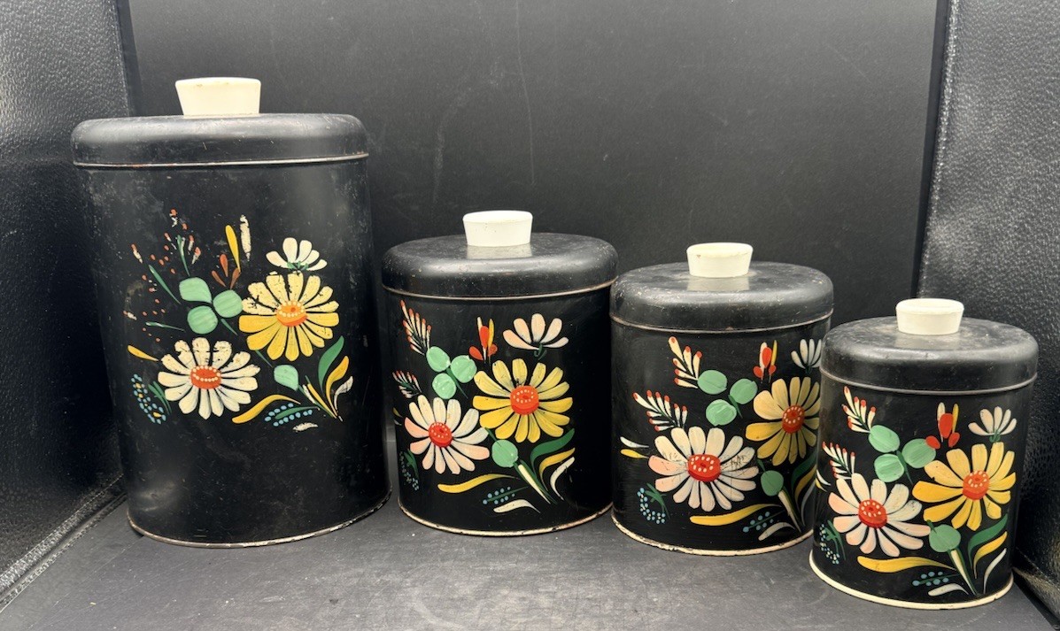 Vintage 4 Piece Ransburg Black Hand Painted Floral Tin Cannister Set