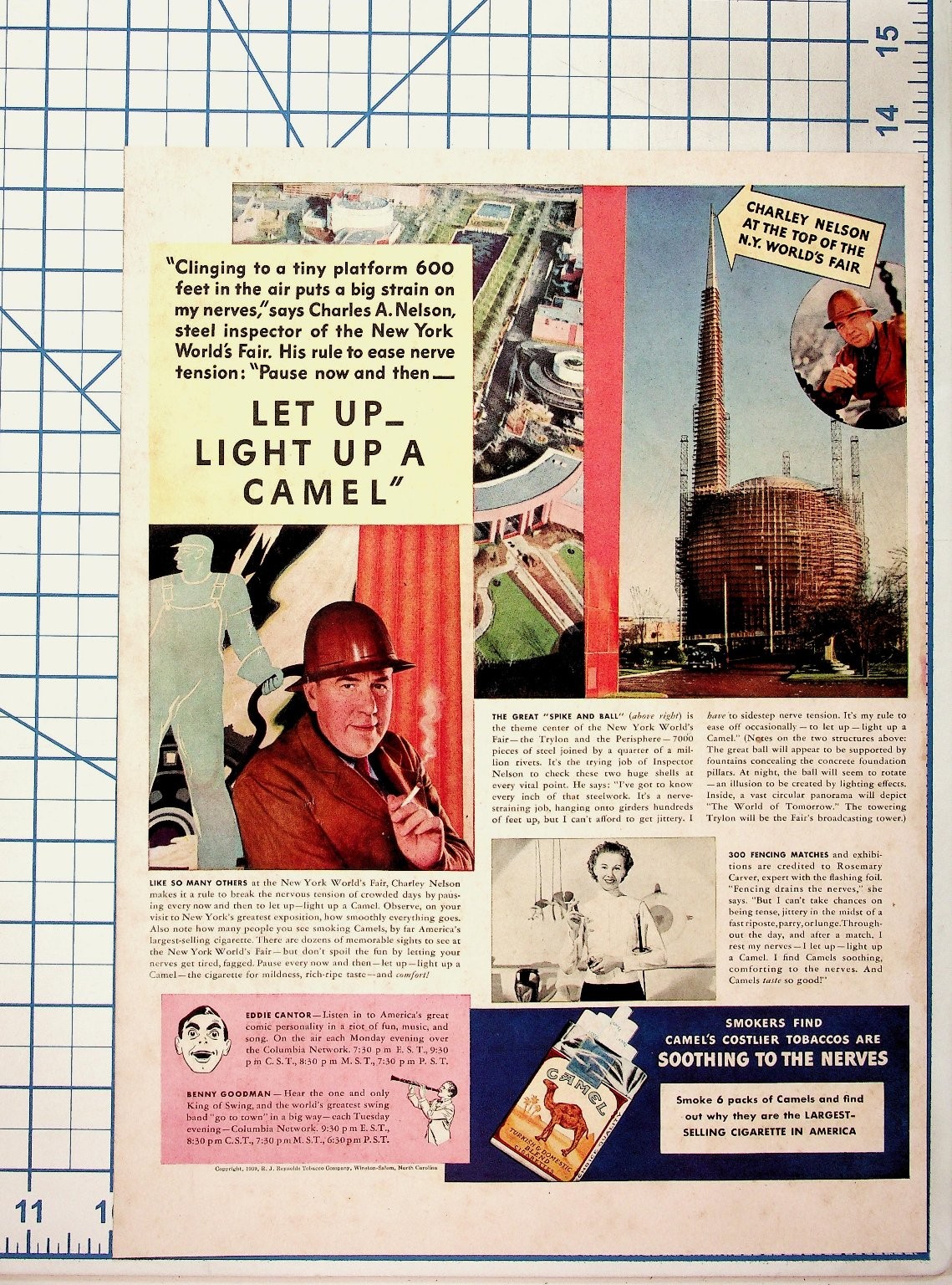 1939 Camel Cigarettes Ad NY World's Fair Trylon Perisphere Eddie Cantor Benny