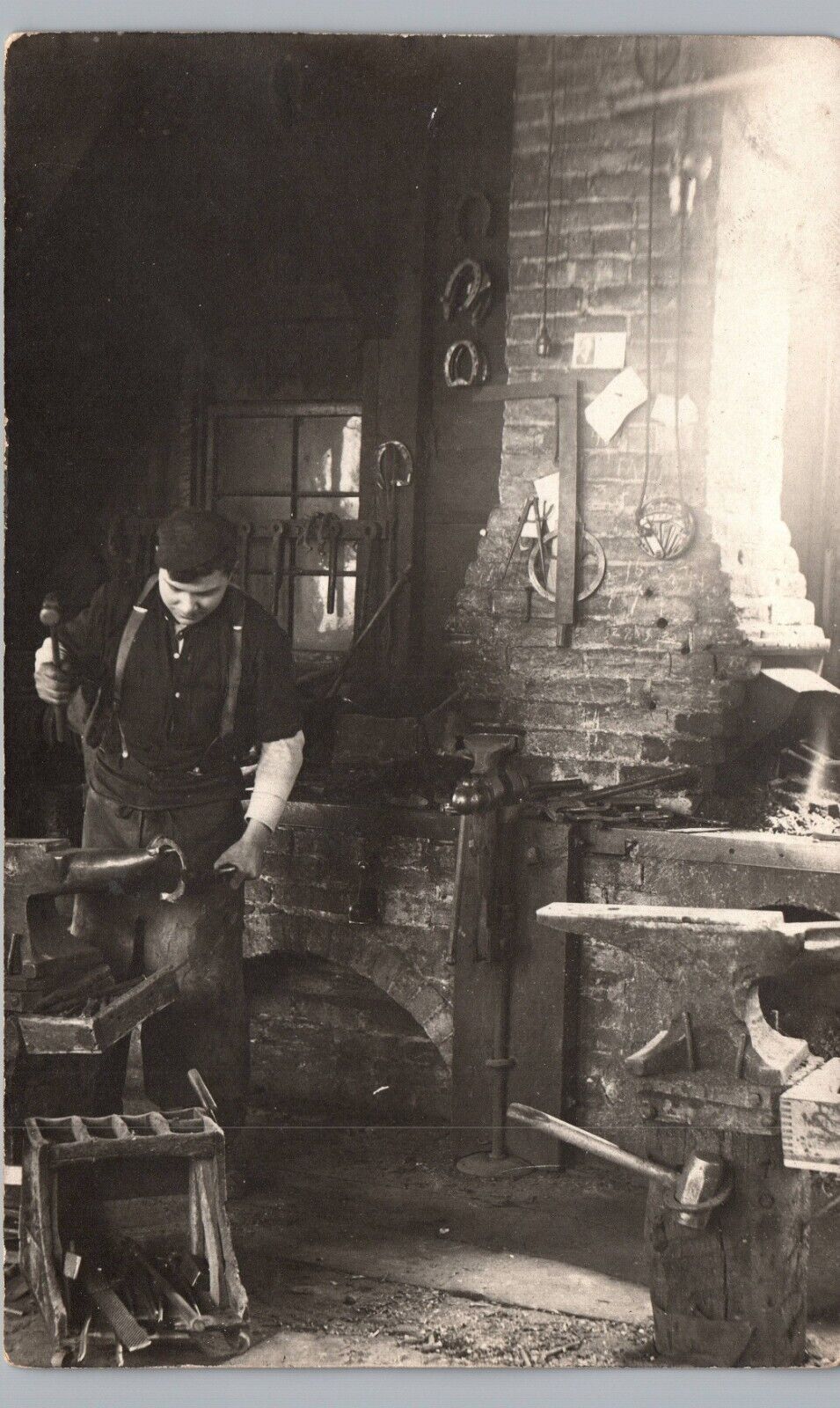 BLACKSMITH SHOP INTERIOR real photo postcard rppc RARE VIEW 1910 horseshoe anvil