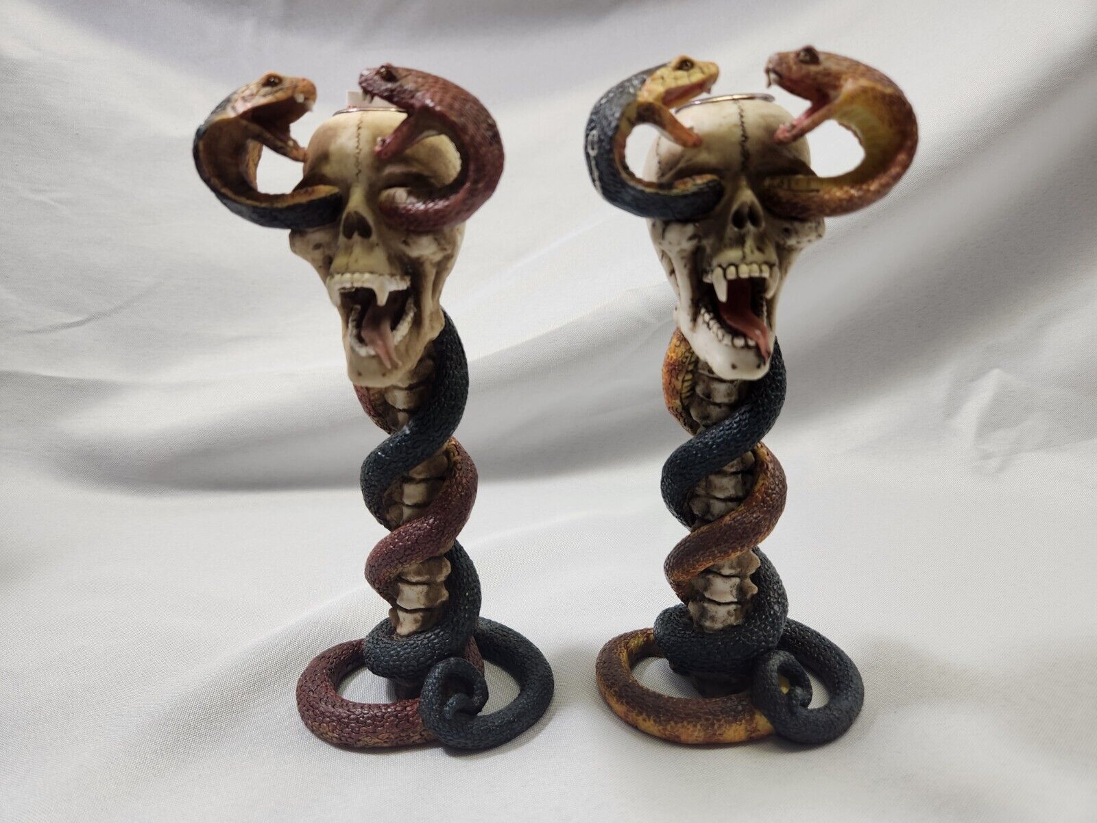 Pair Of Cobras wrapped on Skull Candle Holders New In Boxes
