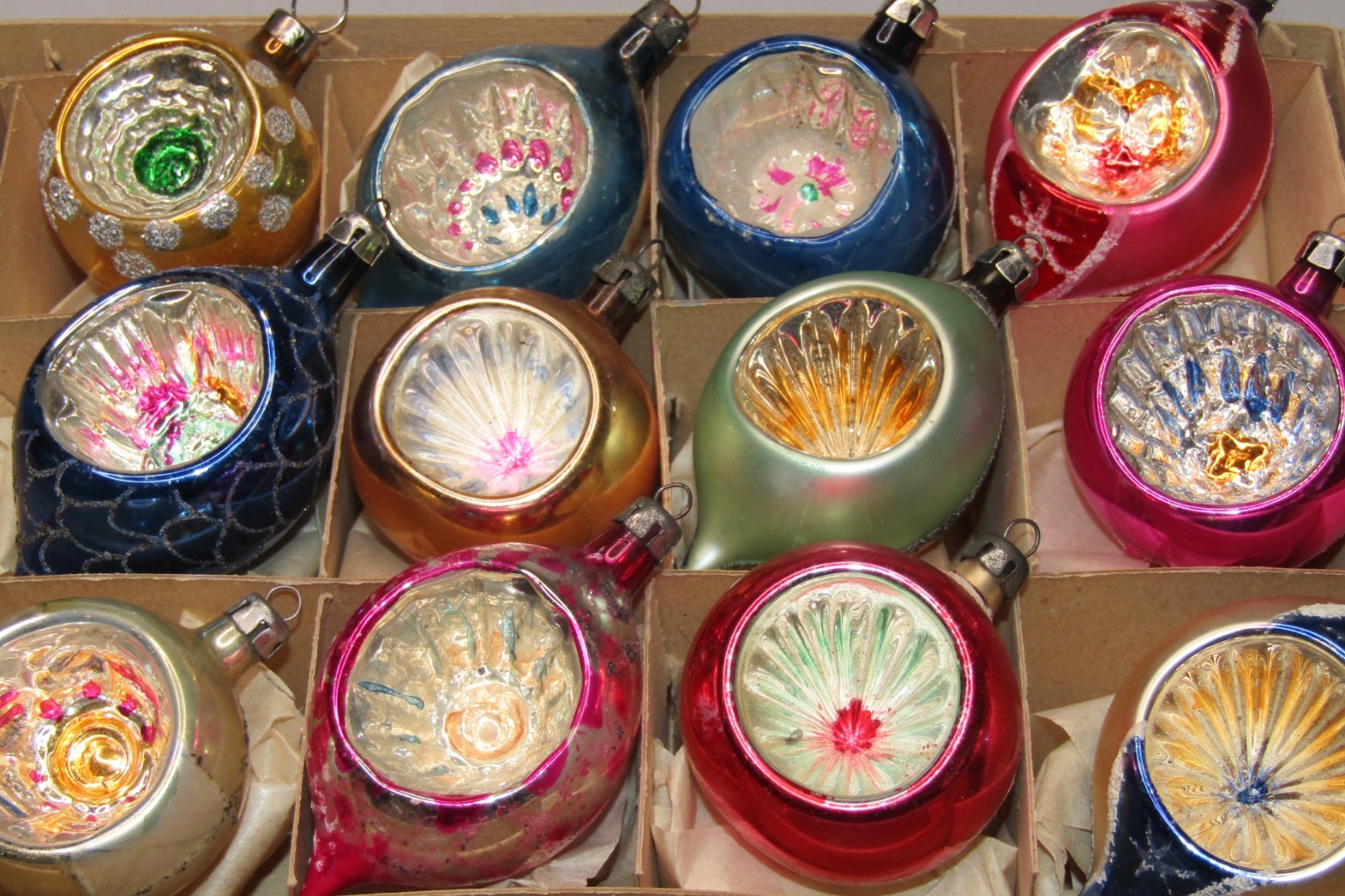 Lot VTG Glass Pictured FLOWER Indent BALL DROP Christmas Ornaments Poland CHOOSE