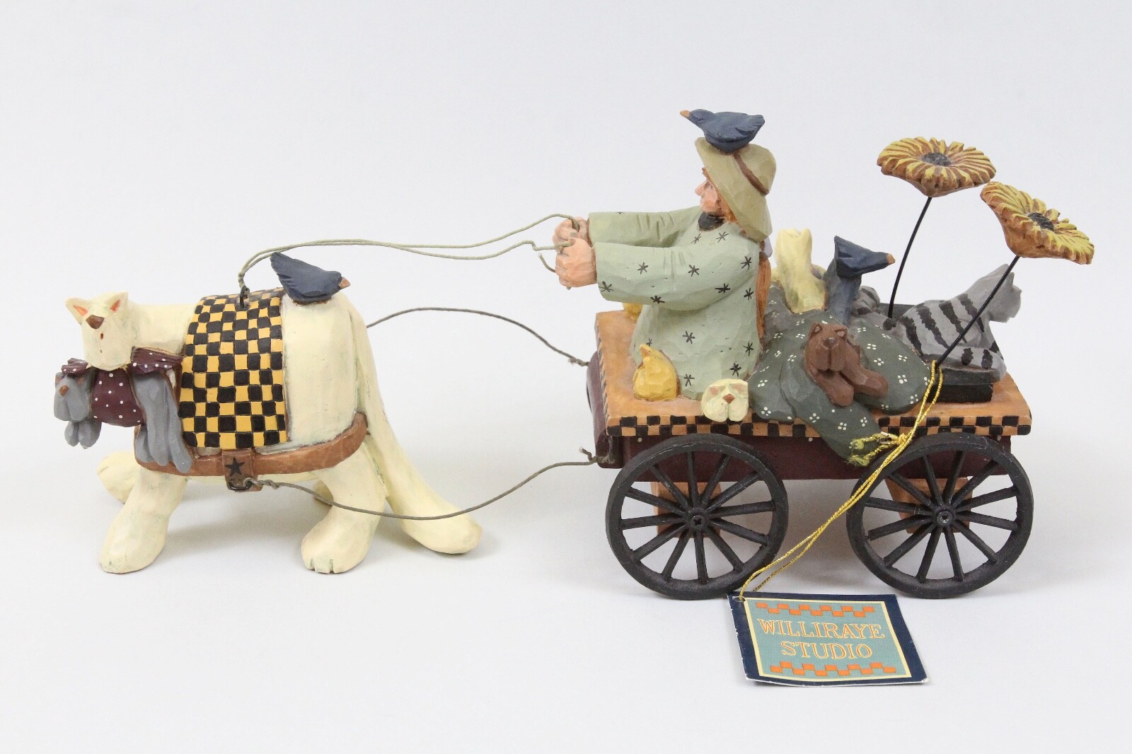 1999 Williraye Studio WW2741 Cat Pulling Garden Cart Girl Birds