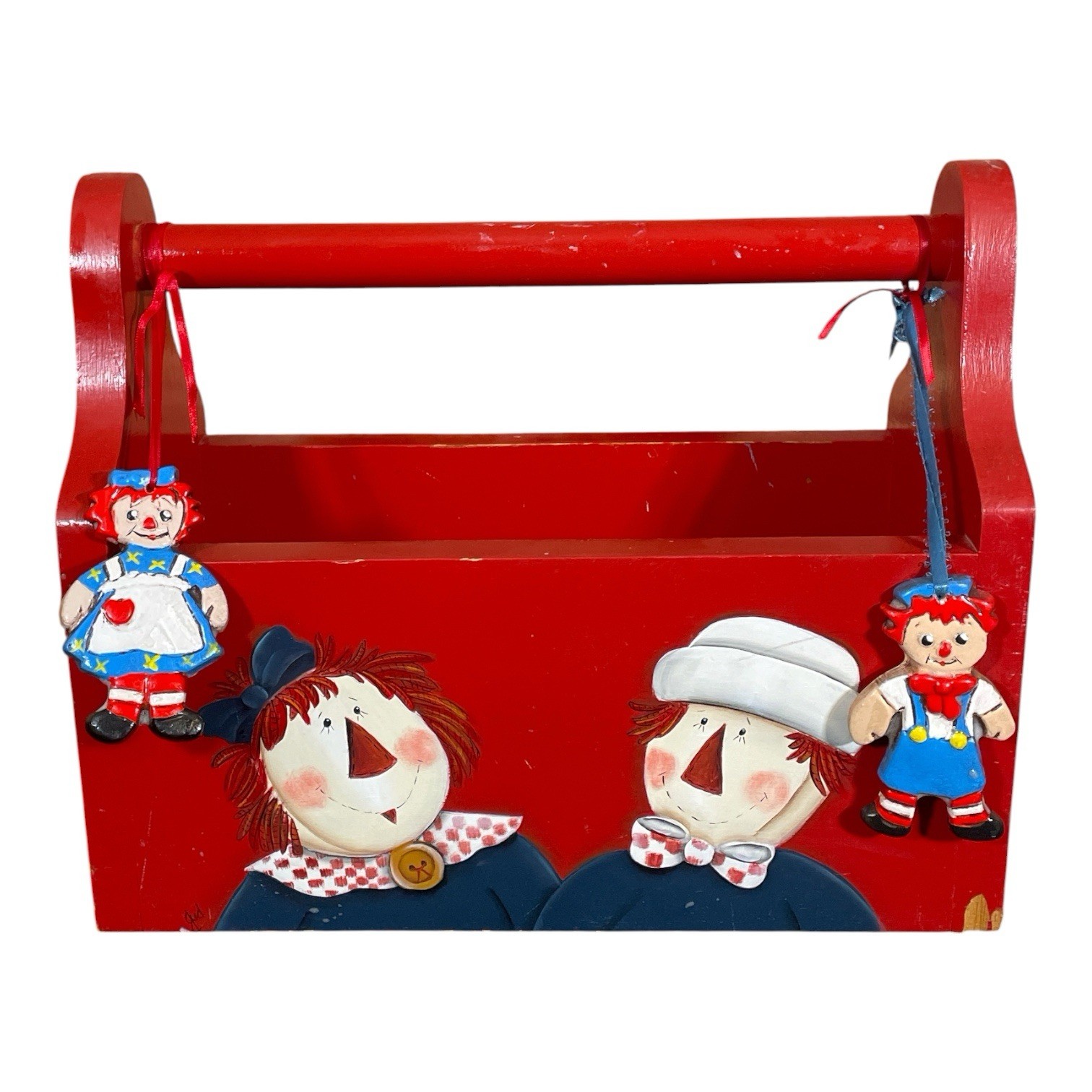 Vintage Raggedy Ann Andy Red Wood Caddy Box Hand Painted Folk Art Tote 