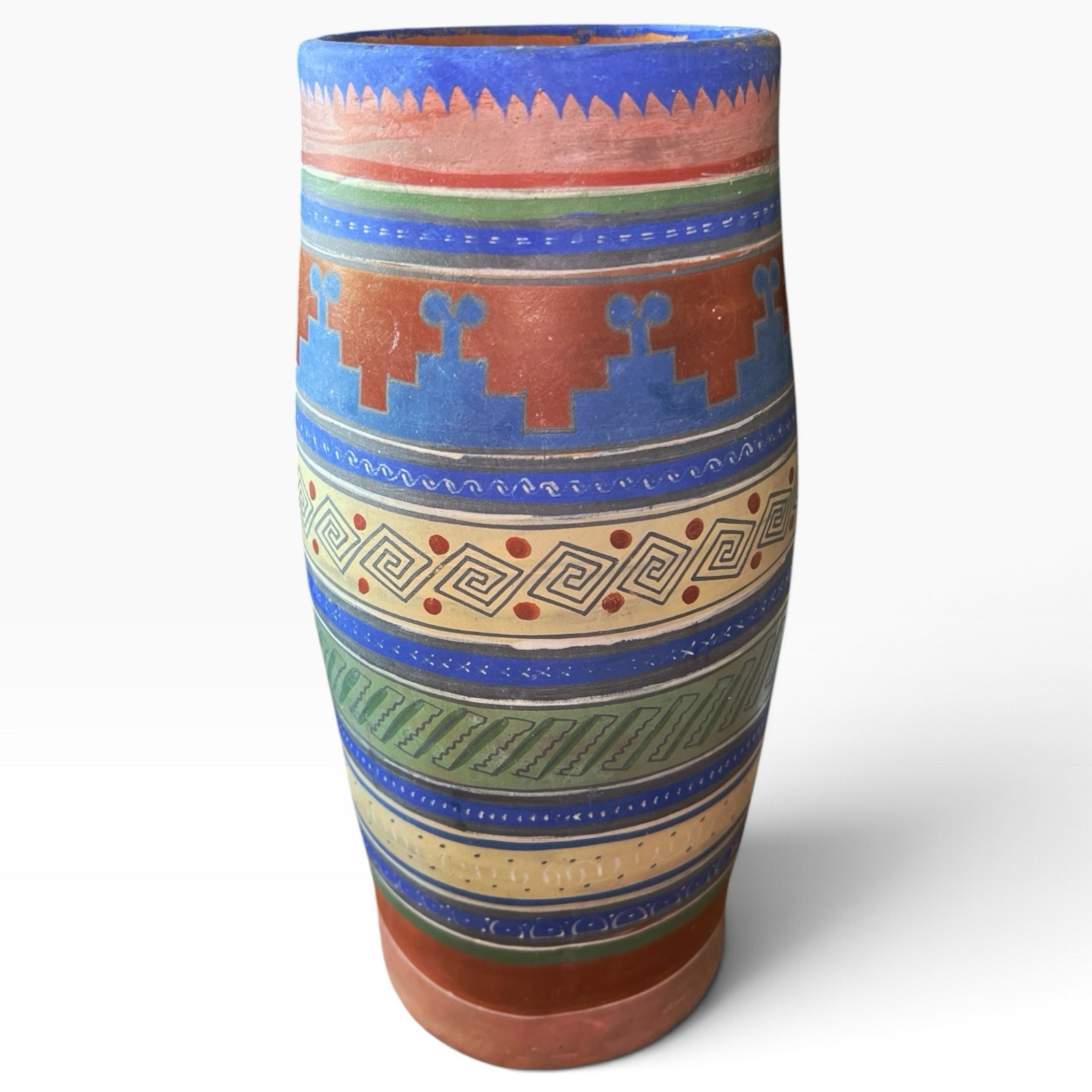 Vintage 11.5” Tall Tlaquepaque Mexican Pottery Vase Opaque Polychrome Stripes
