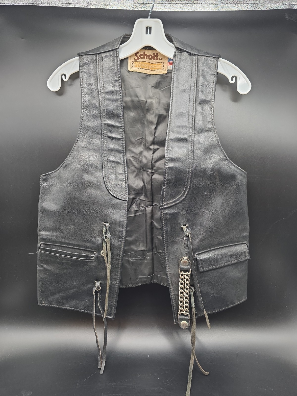 Vintage 70's Schott Western Leather Vest Size Small S Harley Davidson Patch