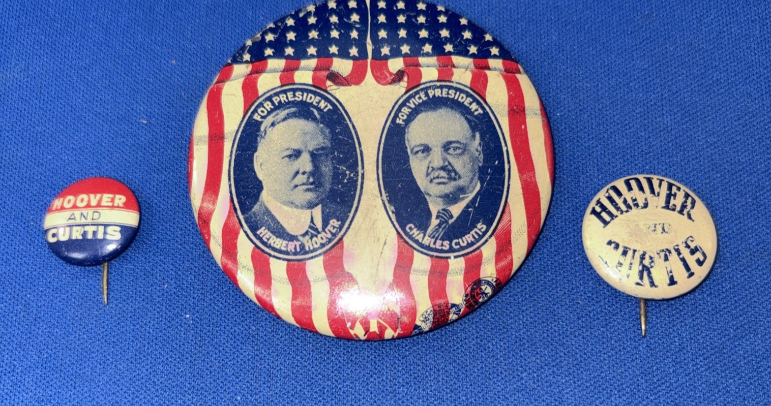 1928 Herbert Hoover & Charles Curtis Campaign Buttons x 2 by Greenduck Lrg = HTF