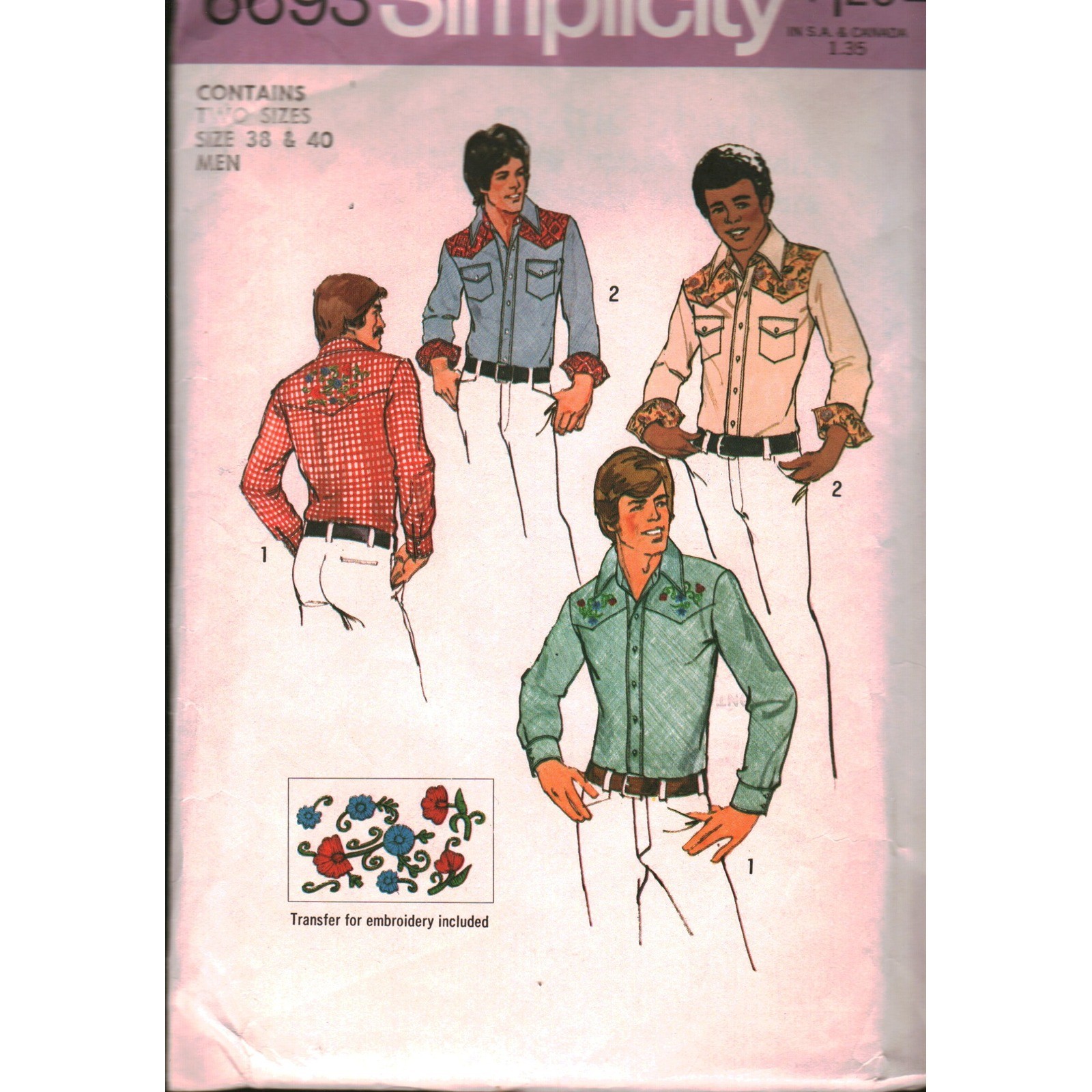 Simplicity 6693 Men Western Shirt Sewing Pattern Embroidery Transfer Size 38 40