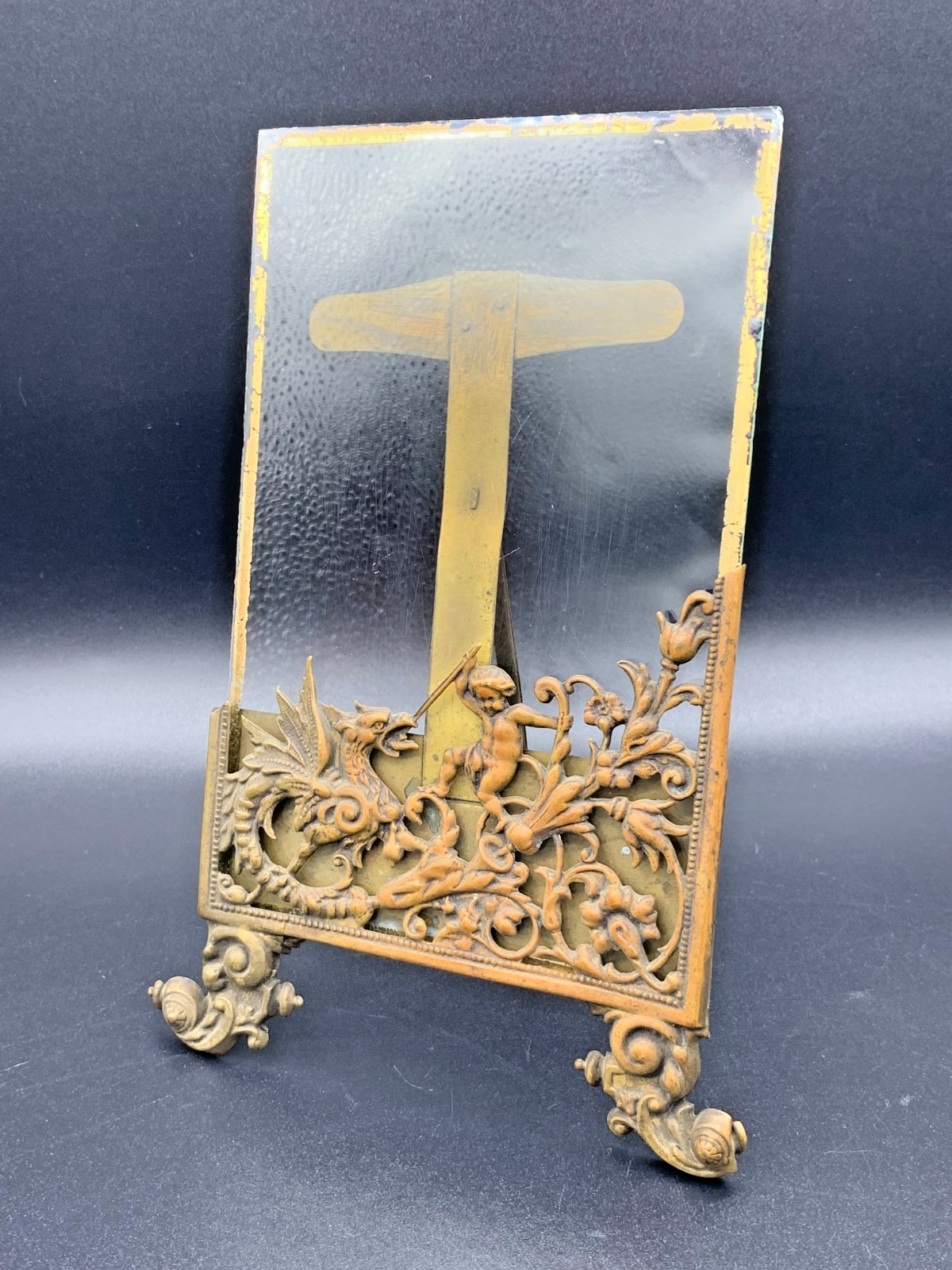 Antique French Rococo Brass Photo Frame Cherub Slaying Dragon Griffon Easel Back