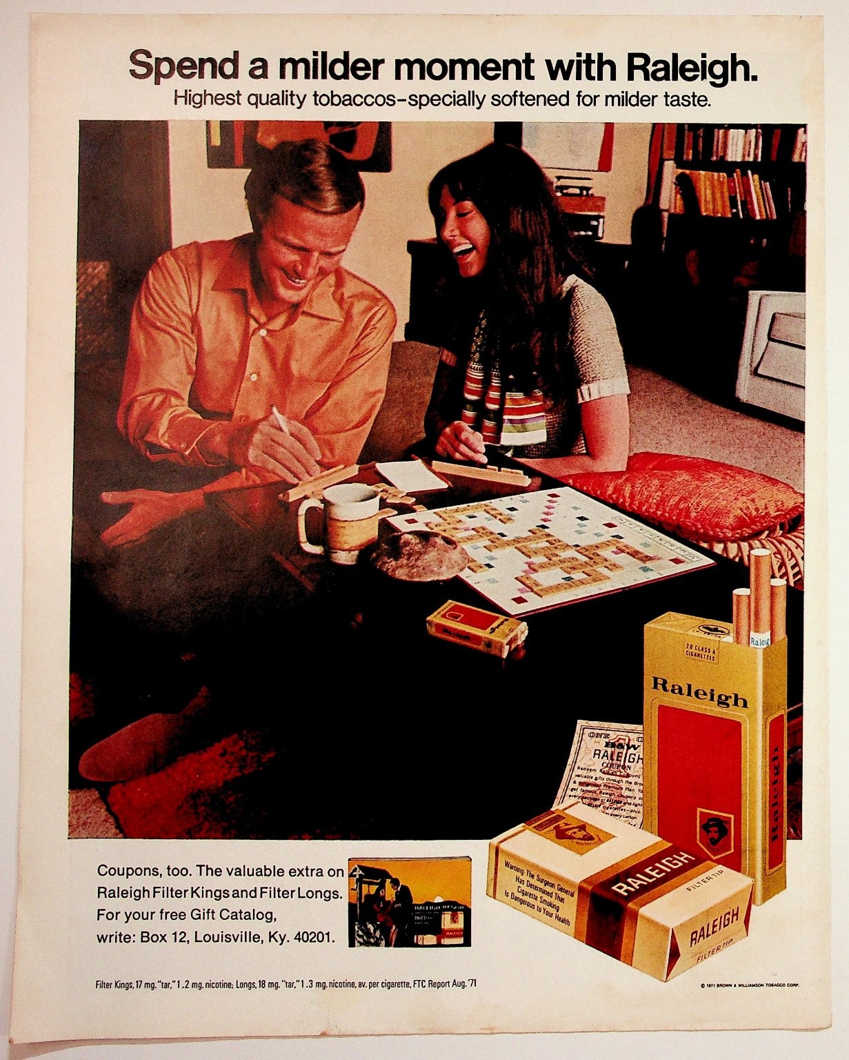 1971 Raleigh Cigarettes Vintage Print Ad Scrabble Couple Louisville KY