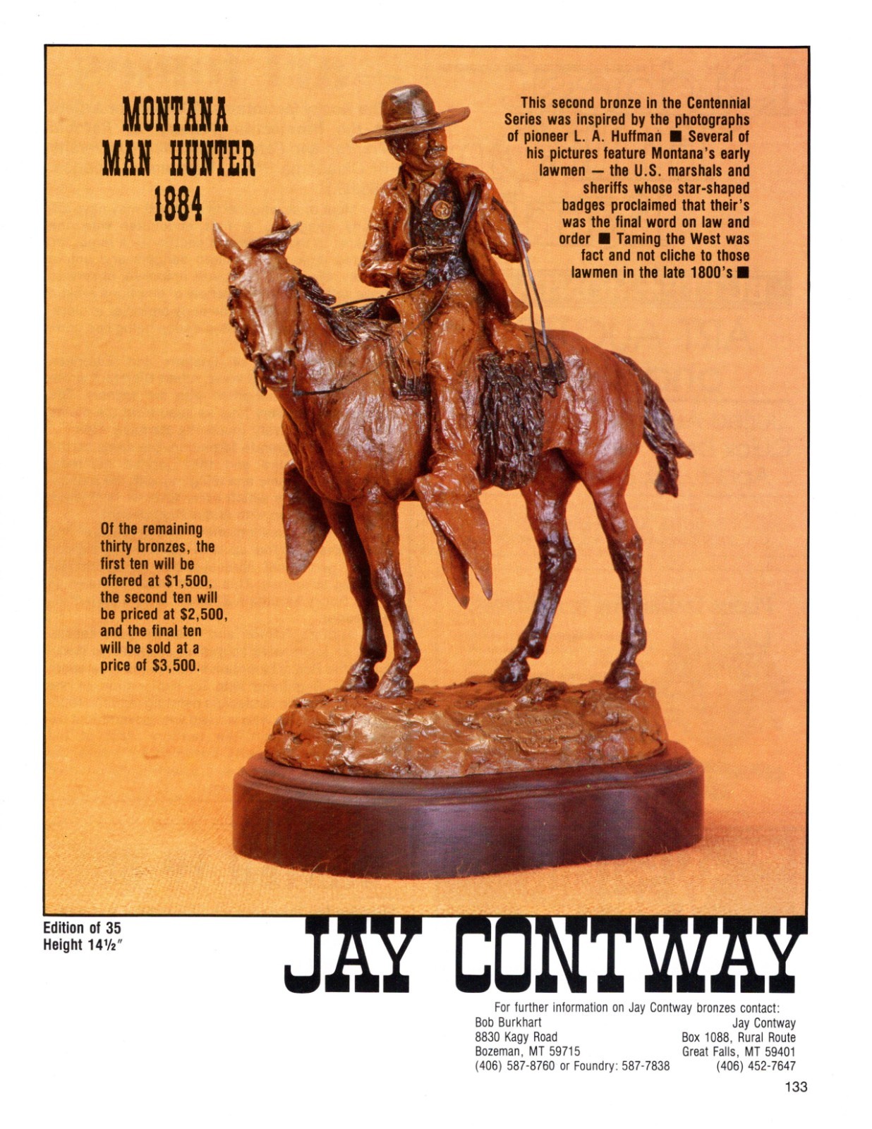 1984 JAY CONTWAY BRONZE ART GALLERY EXHIBIT AD COWBOY SCULPTURE ART EXHBIT AD