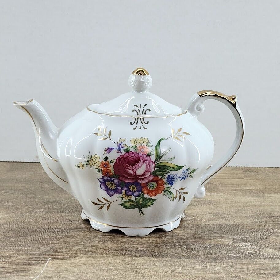 Vintage Floral Porcelain Teapot With Built In Music Box Tested Works Well