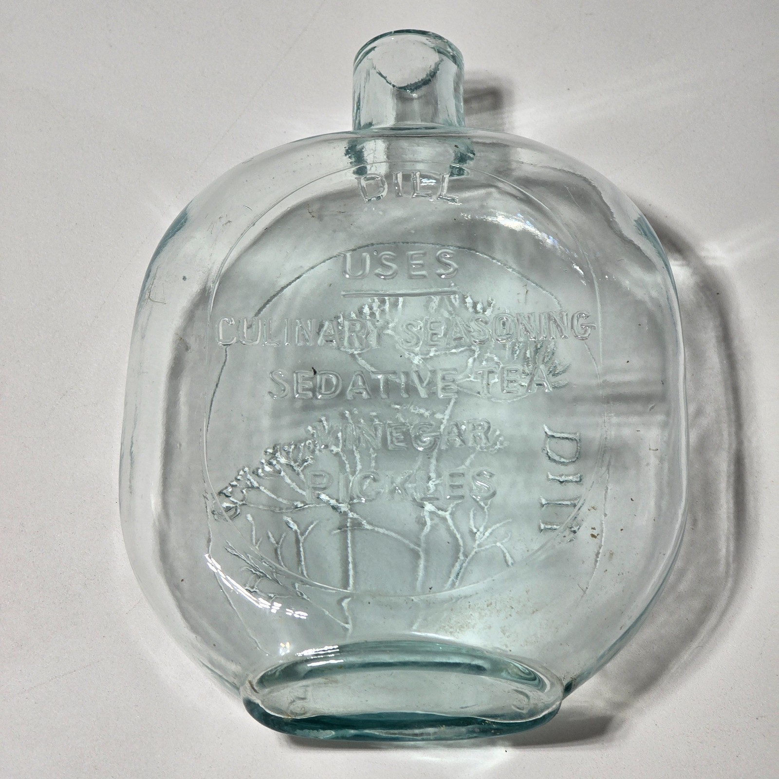 Vintage Clevenger Brothers Dill Pumpkin Seed Flask Embossed Light Blue Glass