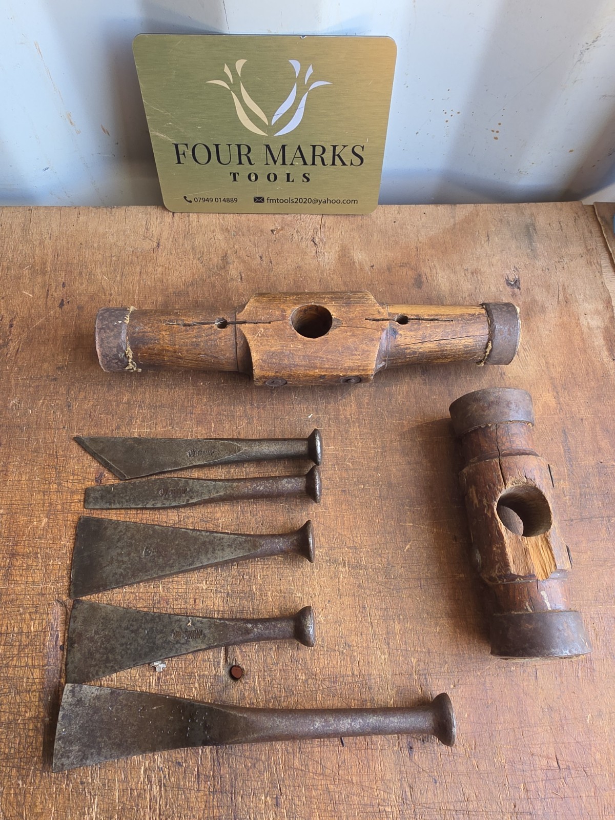 5 x Shipwrights Caulking Irons And 2 x Caulking Mallets Boat Building Tools