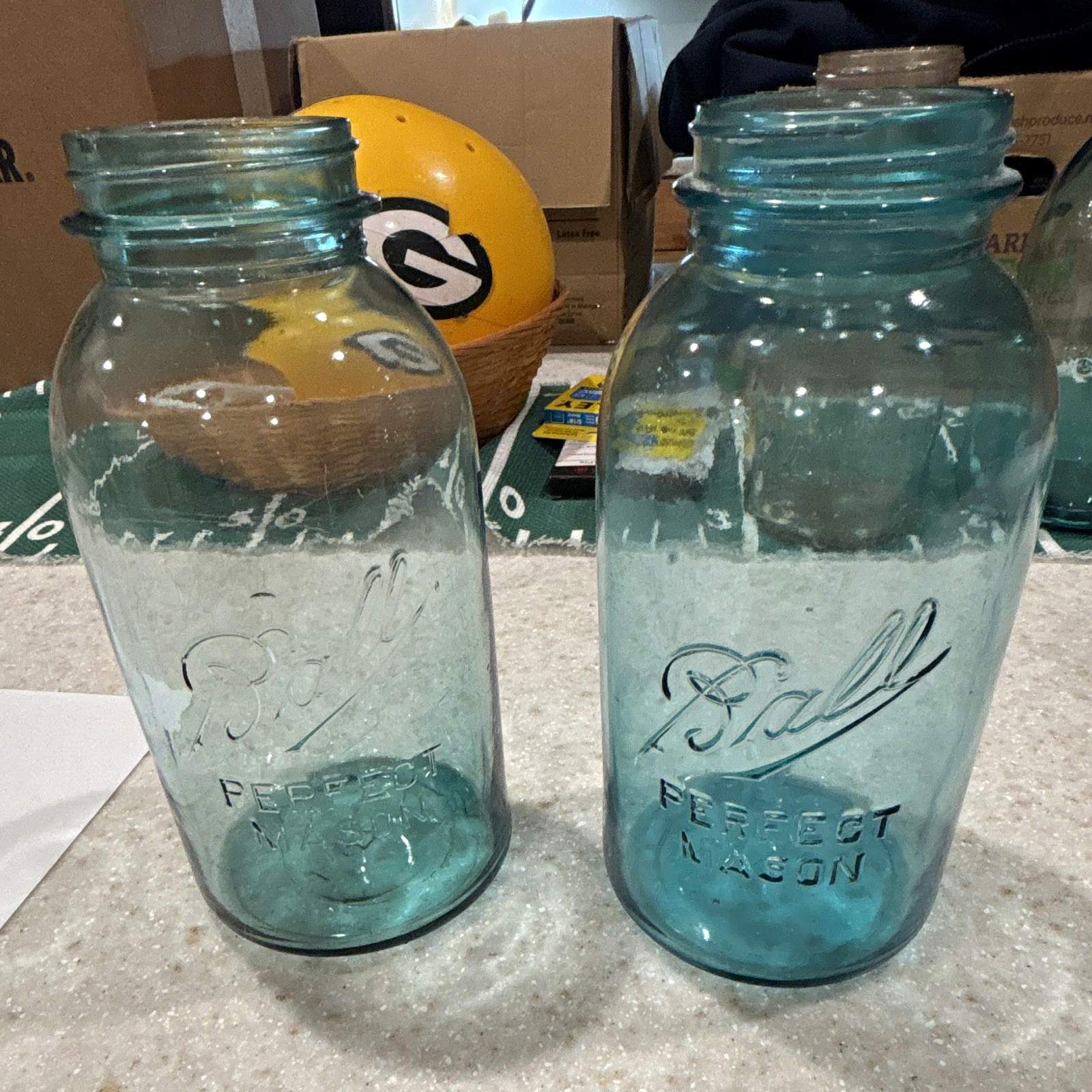 2 Antique Aqua Blue Ball Perfect Mason Jar Half Gallon - 1920s Vintage Wavy 2 Antique Aqua Blue Ball Perfect Mason Jar Half Gallon - 1920s Vintage Wavy