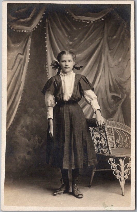 Vintage 1910s STUDIO Photo RPPC Postcard Pretty Young Woman in Homemade Dress