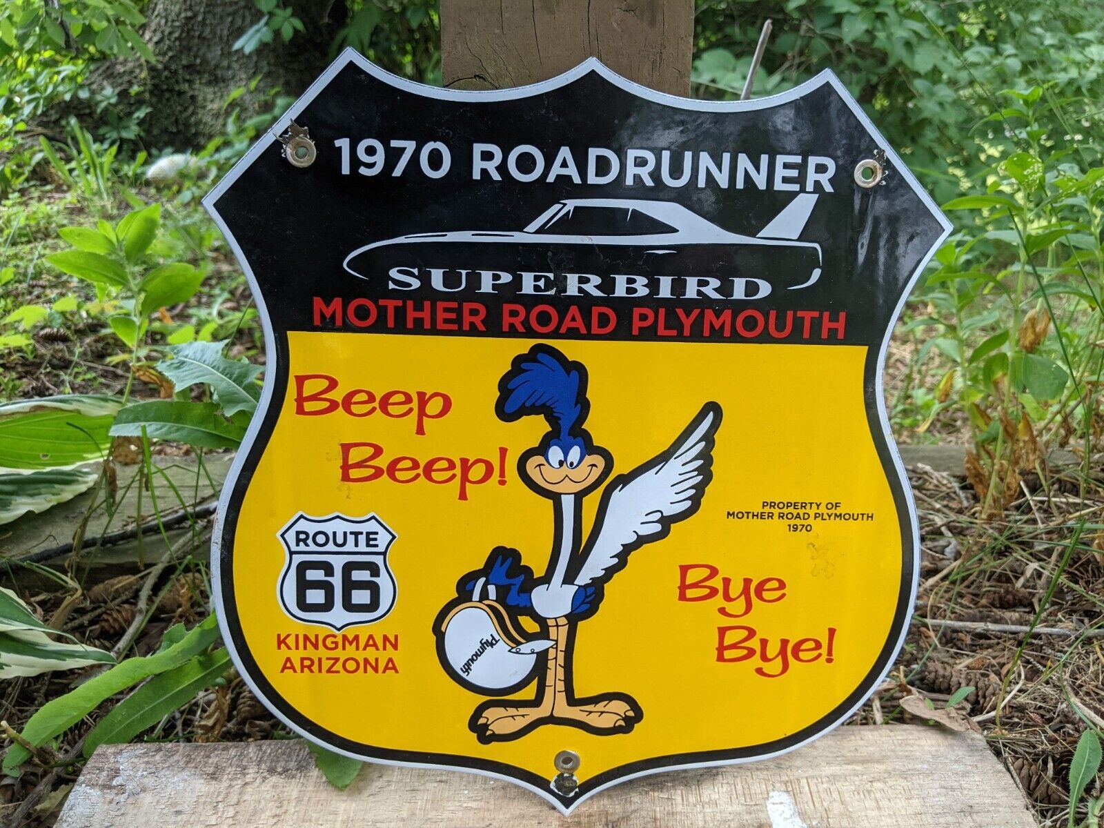 VINTAGE 1970 PLYMOUTH SUPERBIRD DODGE PORCELAIN CAR ROUTE 66 AZ. SIGN 12\