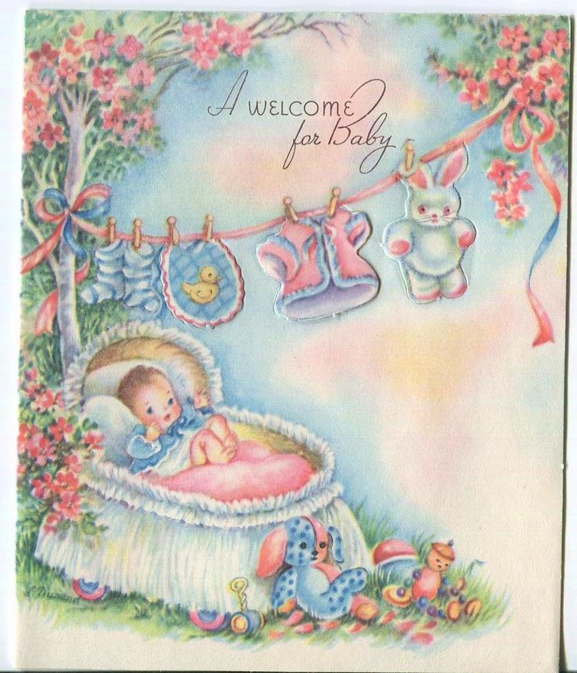 VINTAGE BABY GARDEN CLOTHESLINE LAUNDRY WASHING CLOTHES ROSES TOYS GREETING CARD