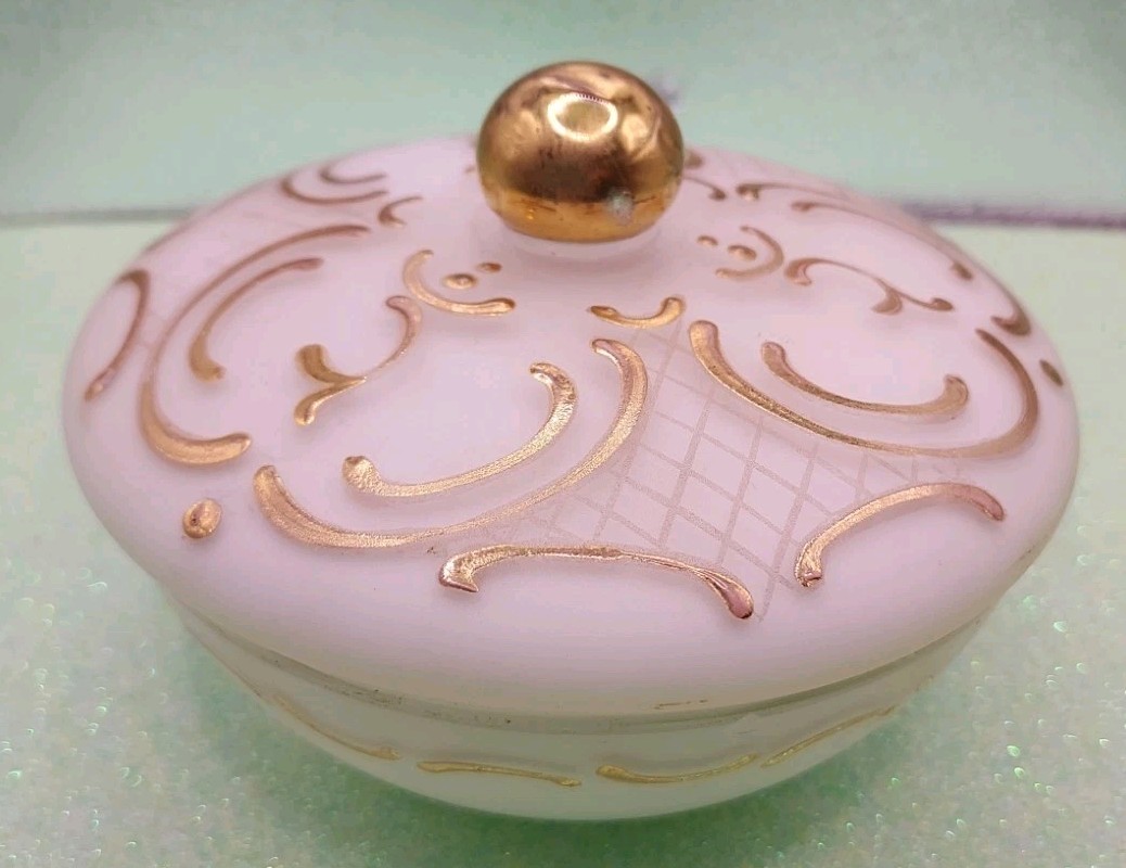 Milk GLASS Gilt Swirl Design POWDER VANITY Jar W.GERMANY 4.75W3.5