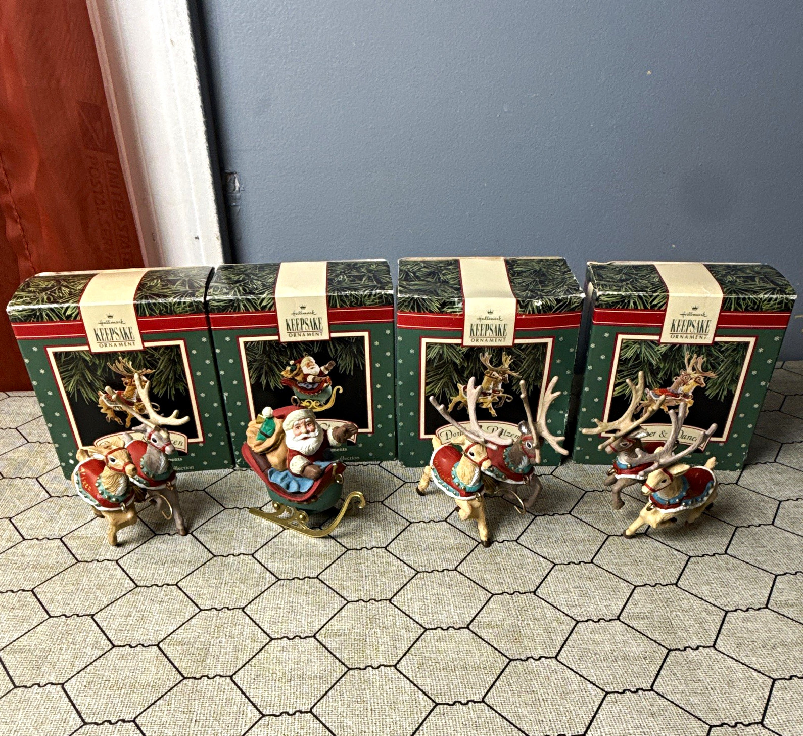 Vintage 1992 Hallmark Keepsake Ornaments Santa & His Reindeer Lot of 4 NEW InBox