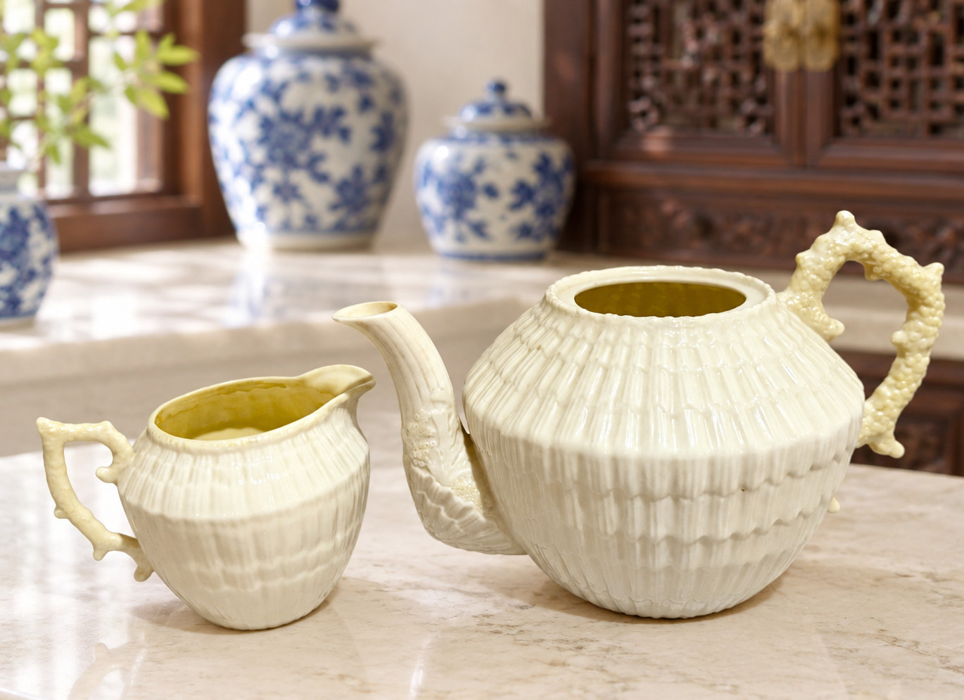 Vintage Belleek Limpet Teapot Creamer Set 1st Green Mark 1946-1955 MISSING LID Vintage Belleek Limpet Teapot Creamer Set 1st Green Mark 1946-1955 MISSING LID