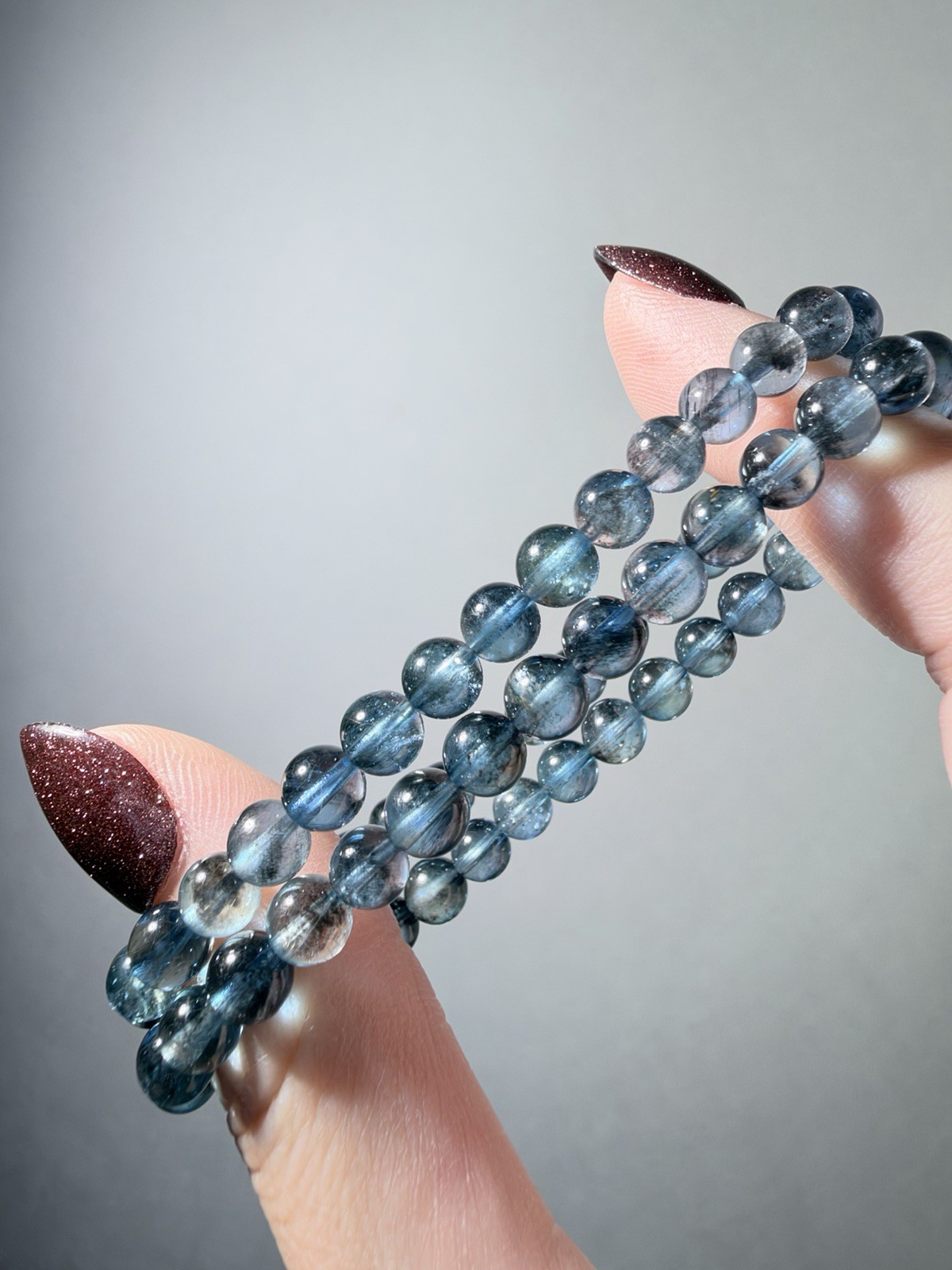 Natural Gemmy Devil Aquamarine Bracelet 5.5mm Dark Blue Beads w/ Black Inclusion