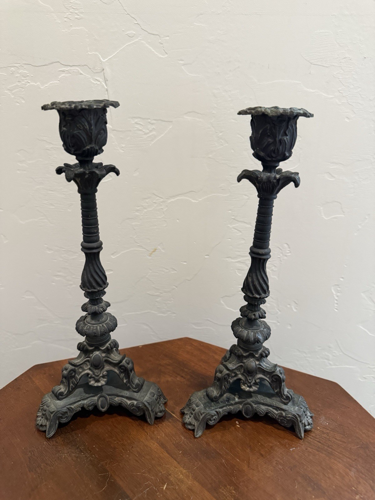 Antique Pair of Brass Baroque Rococo Revival Ornate Candlestick Holders 9