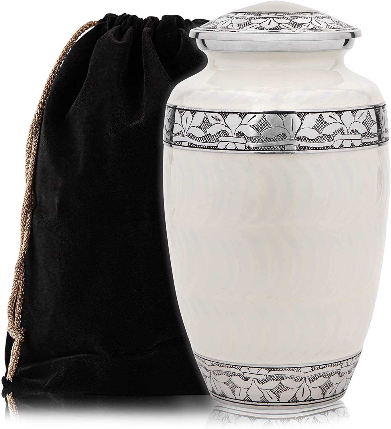Cremation Urn for Adult Human Ashes - White with Velvet Bag