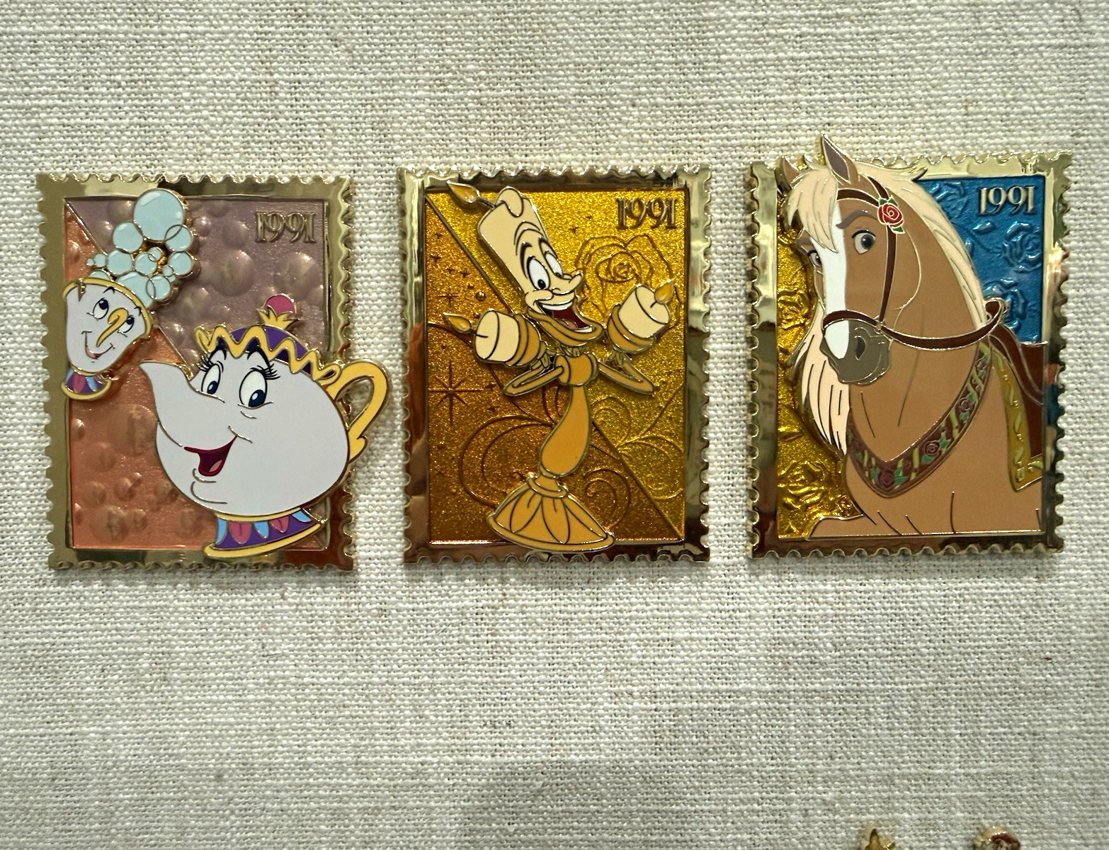 Disney Beauty & The Beast 1991 Stamp Pin Set Mrs. Potts Chip Lumiere Philippe