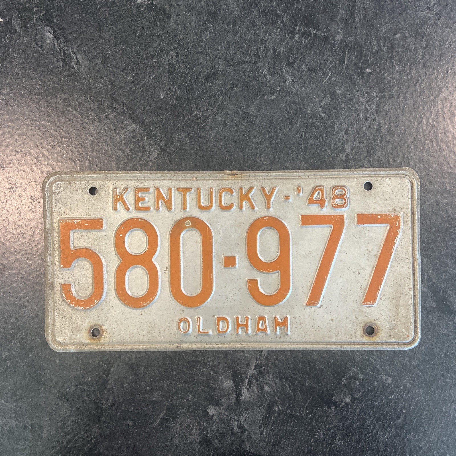 Vintage 1948 Kentucky License Plate Orange On Silver Oldham County 580-977