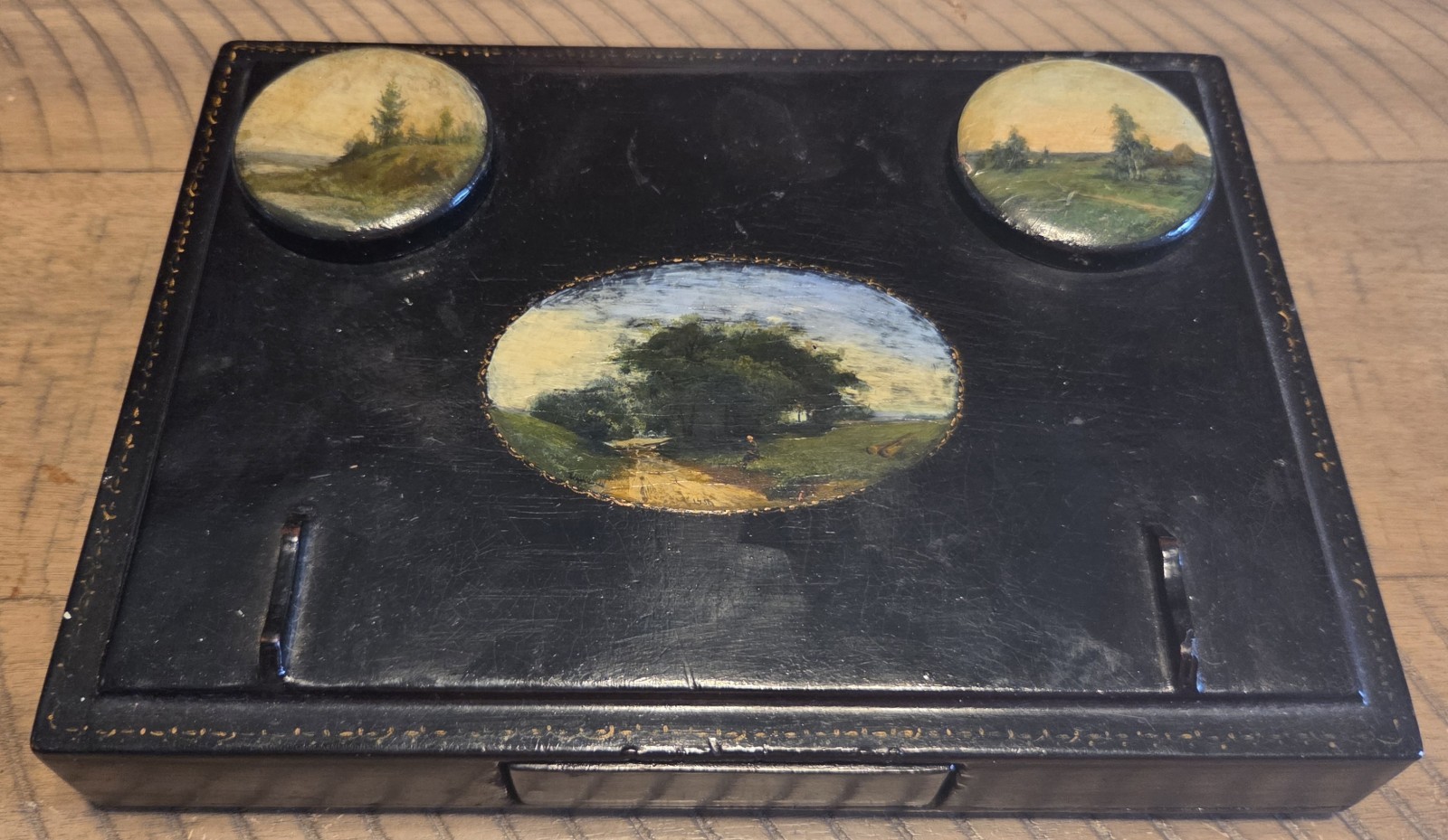 Fedoskino 1960s Russian Lacquer Inkwell Ink Pen Stand Box With Drawer