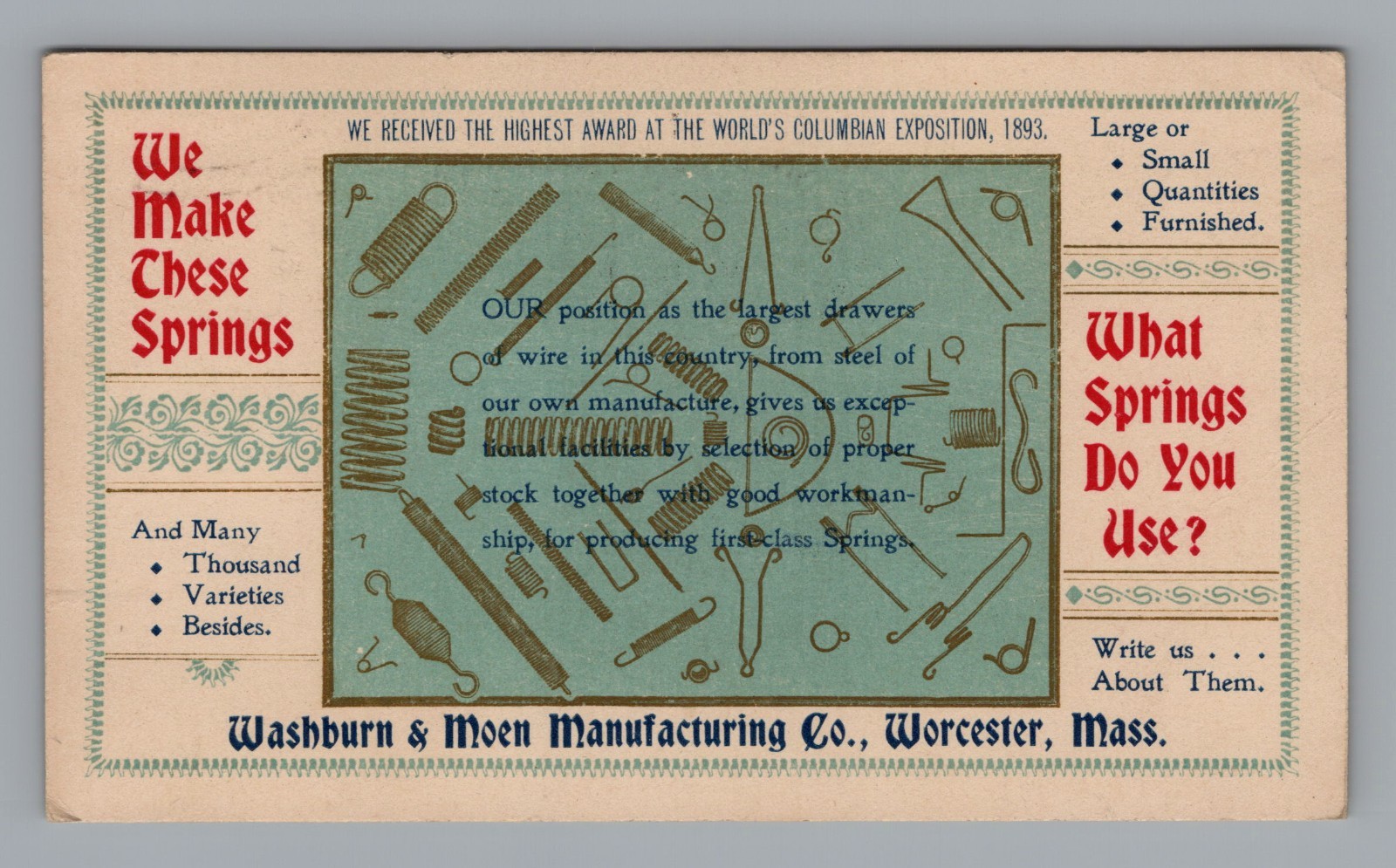 1899 Washburn Moen Wire Worcester MA Postcard 1893 Worlds Fair Graphic Springs