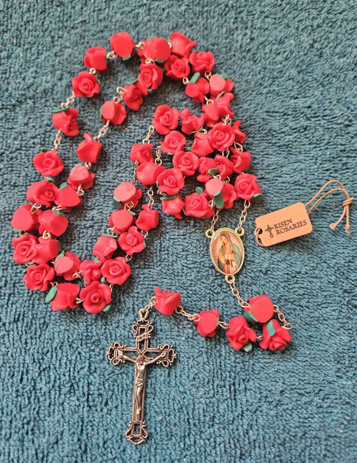 Vibrant red roses rosary 18 in. Blessed Mother Center from Risen Rosaries  w/bag