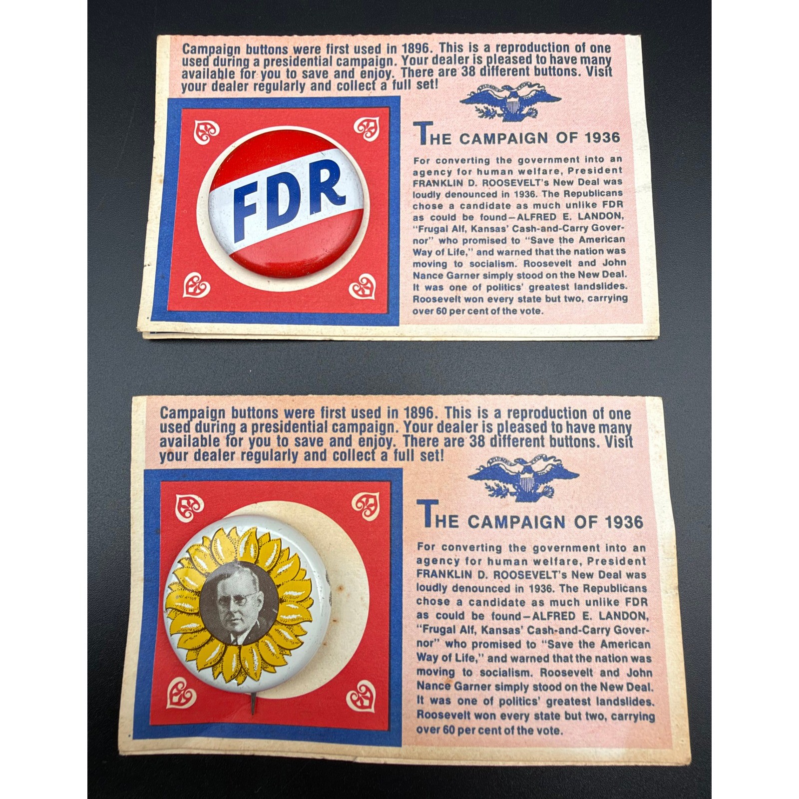 Vintage American Oil Co 1936 Presidential Campaign Buttons FDR & Landon 2pc Set
