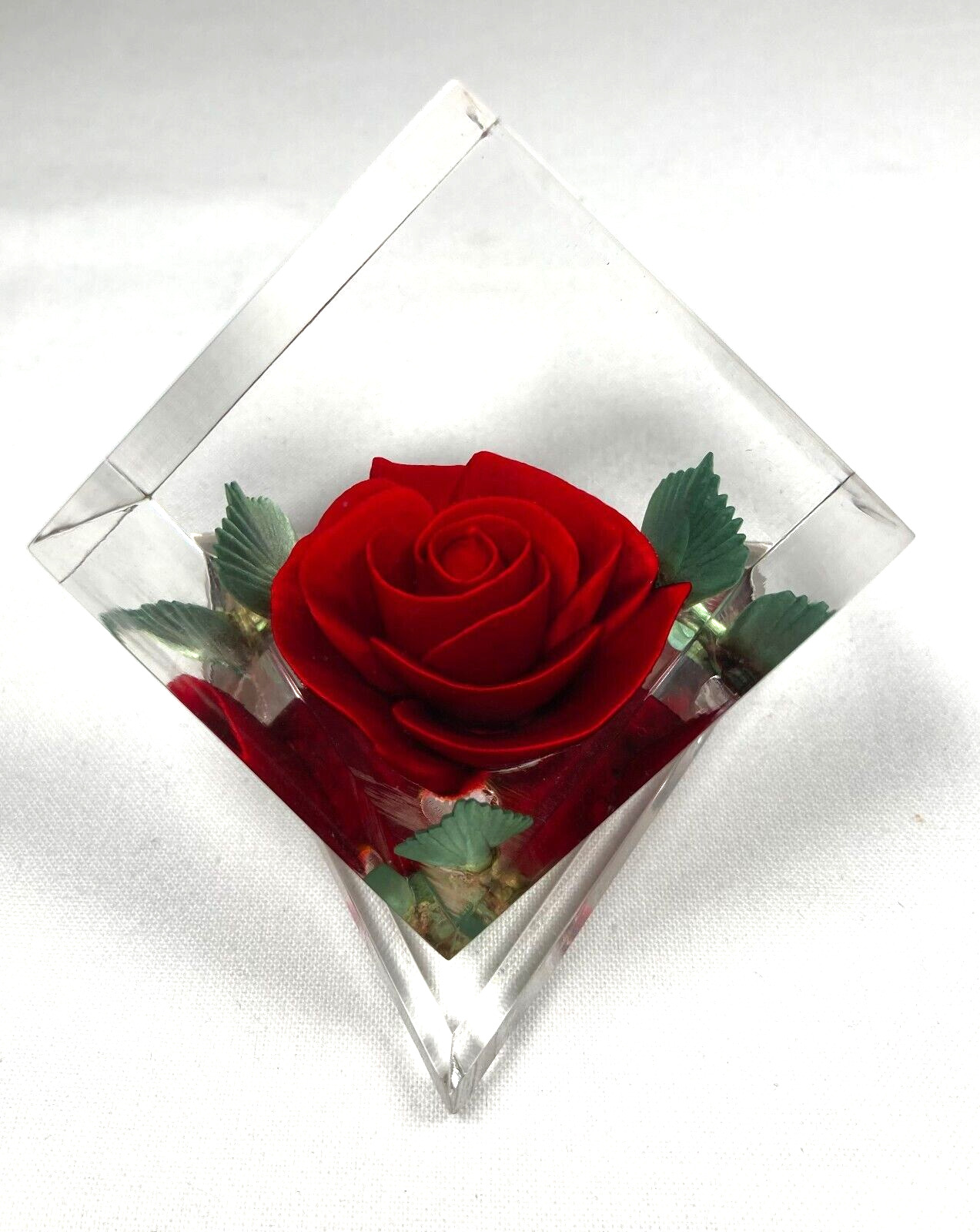 Bircraft Vintage 1970 Lucite Paperweight - Hand Carved and Colored Red Rose 3\