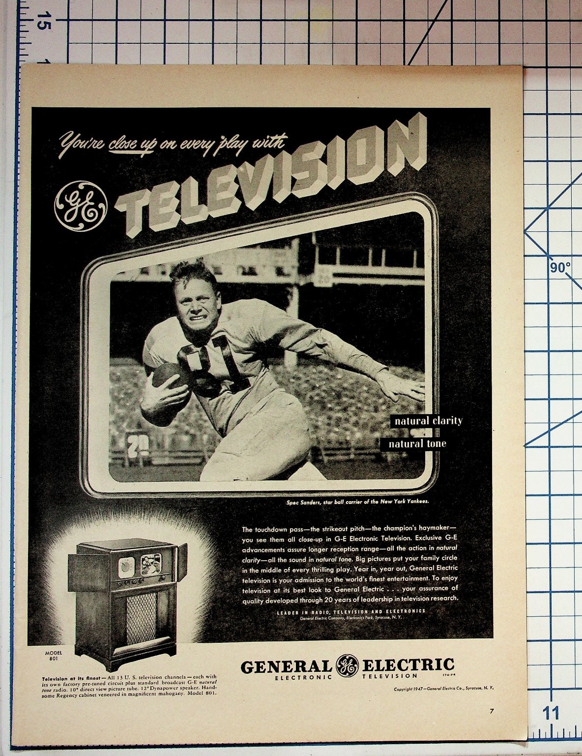 1947 GE Television Ad Spec Sanders Football Yankees Vintage TV Original Print