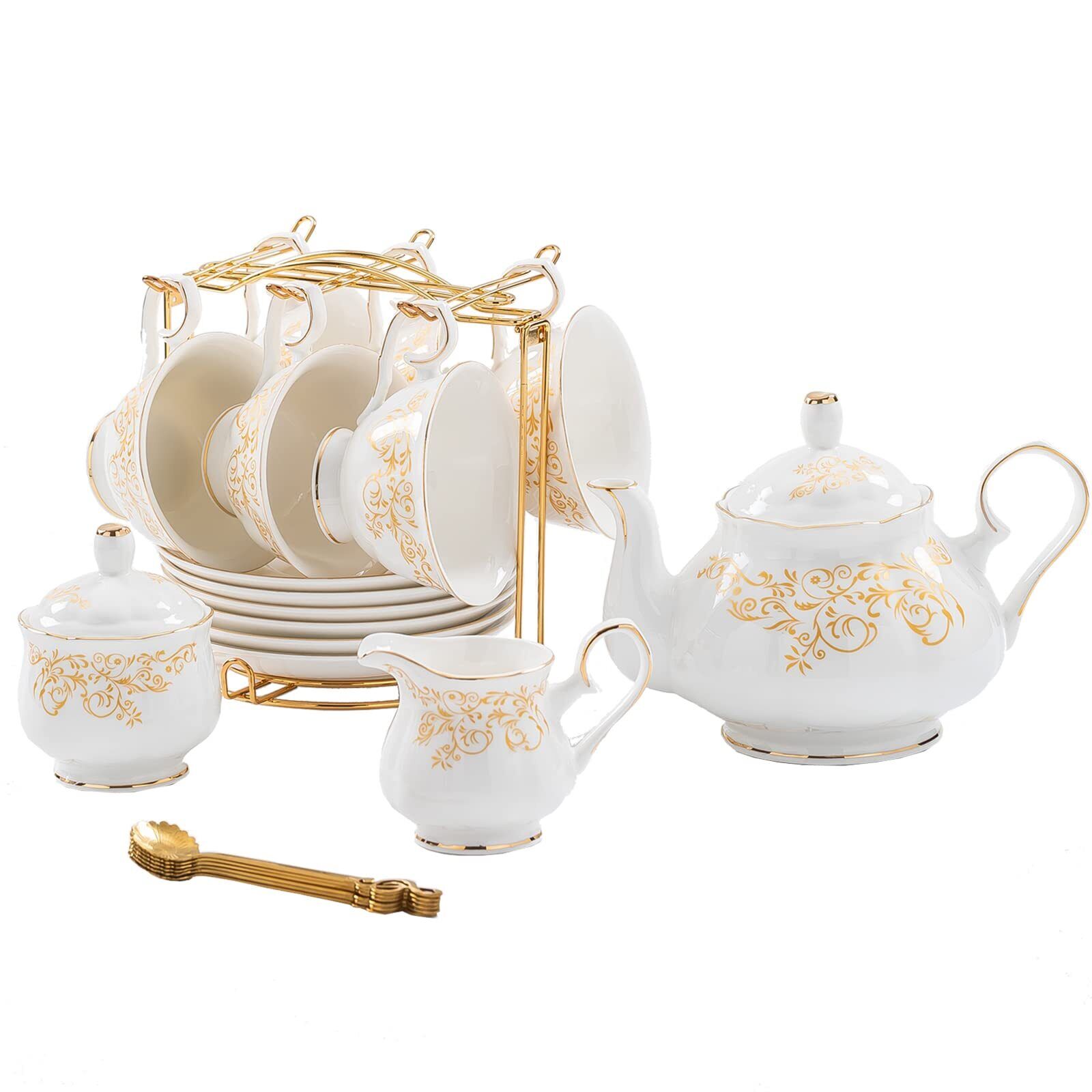 22-Pieces Porcelain Tea Set, Cups& Saucer Service for 6, with Spoons,Teapot,S...