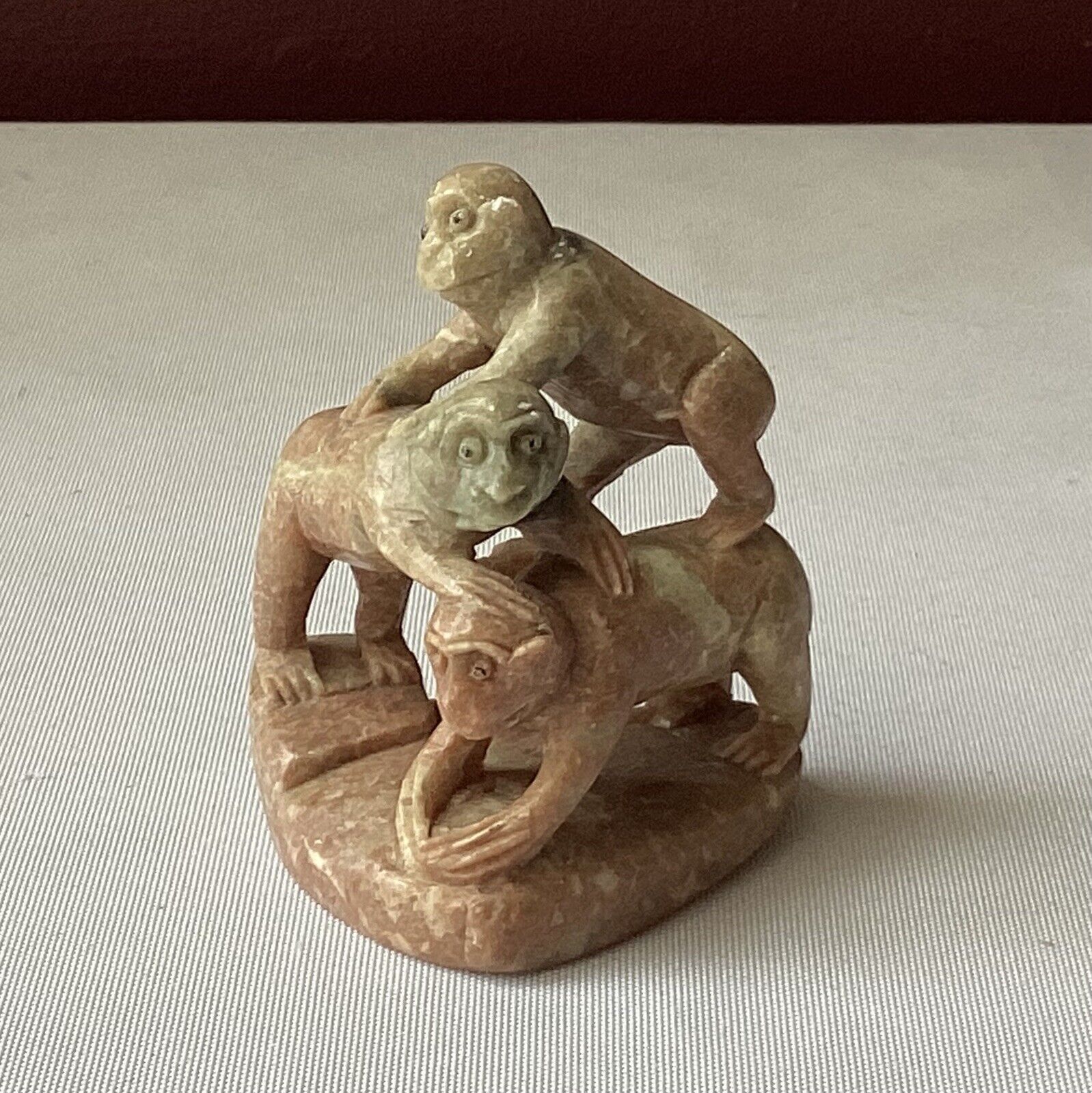 Vintage Miniature 3-Monkey Natural Carved Stone Figurine, Unmarked, 2 3/8” T