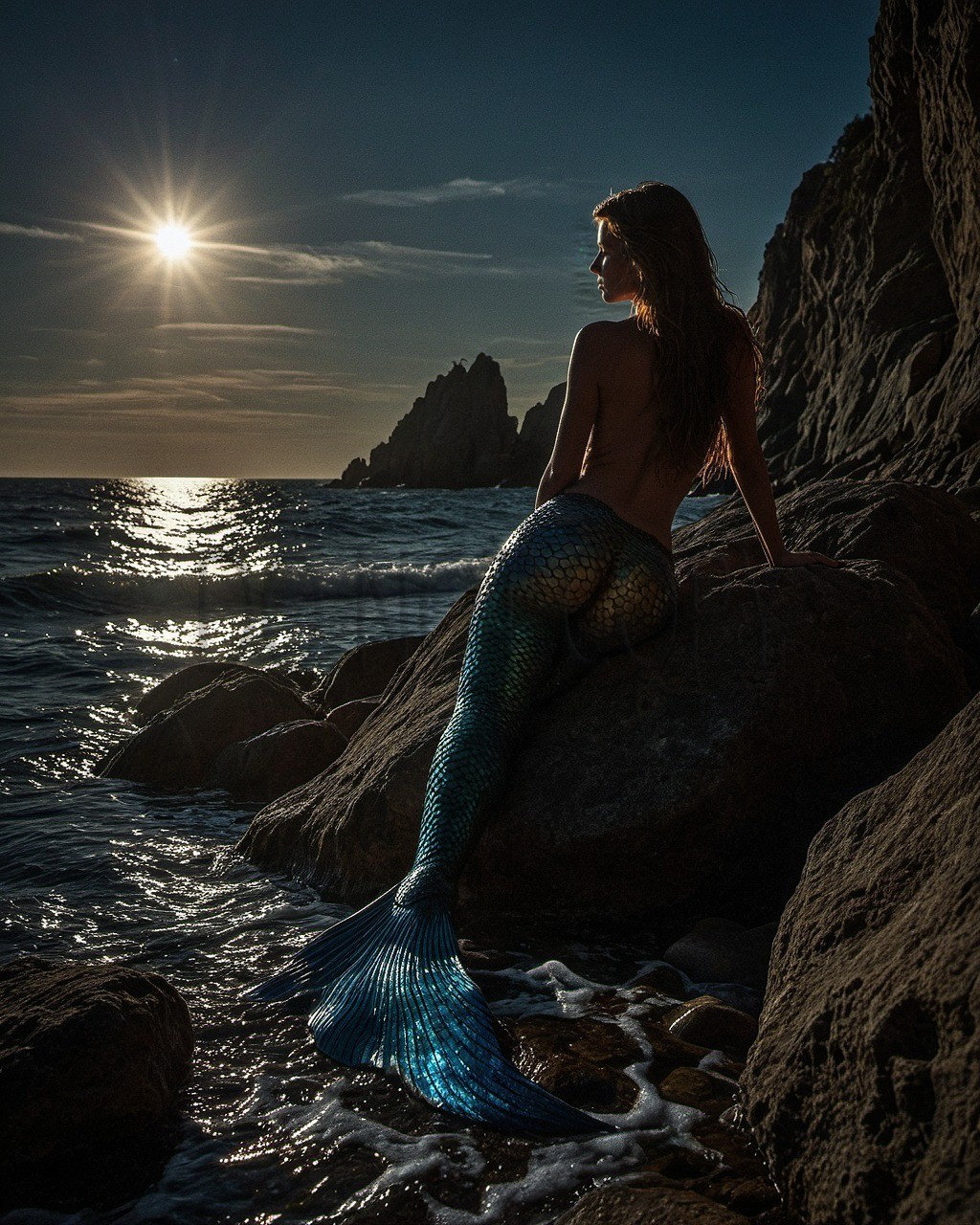 Mermaid Rocky Shore Moonlight Ocean Night Scene Fantasy Art Print