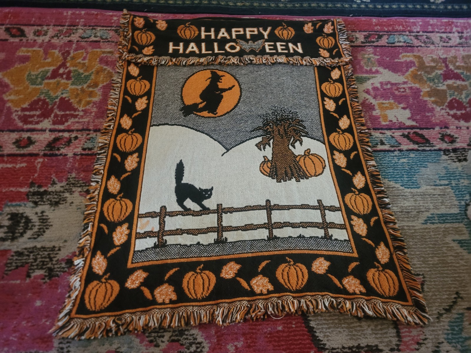 Vintage 90s Happy Halloween tapestry wall art woven pumpkins leaf blanket 22x30