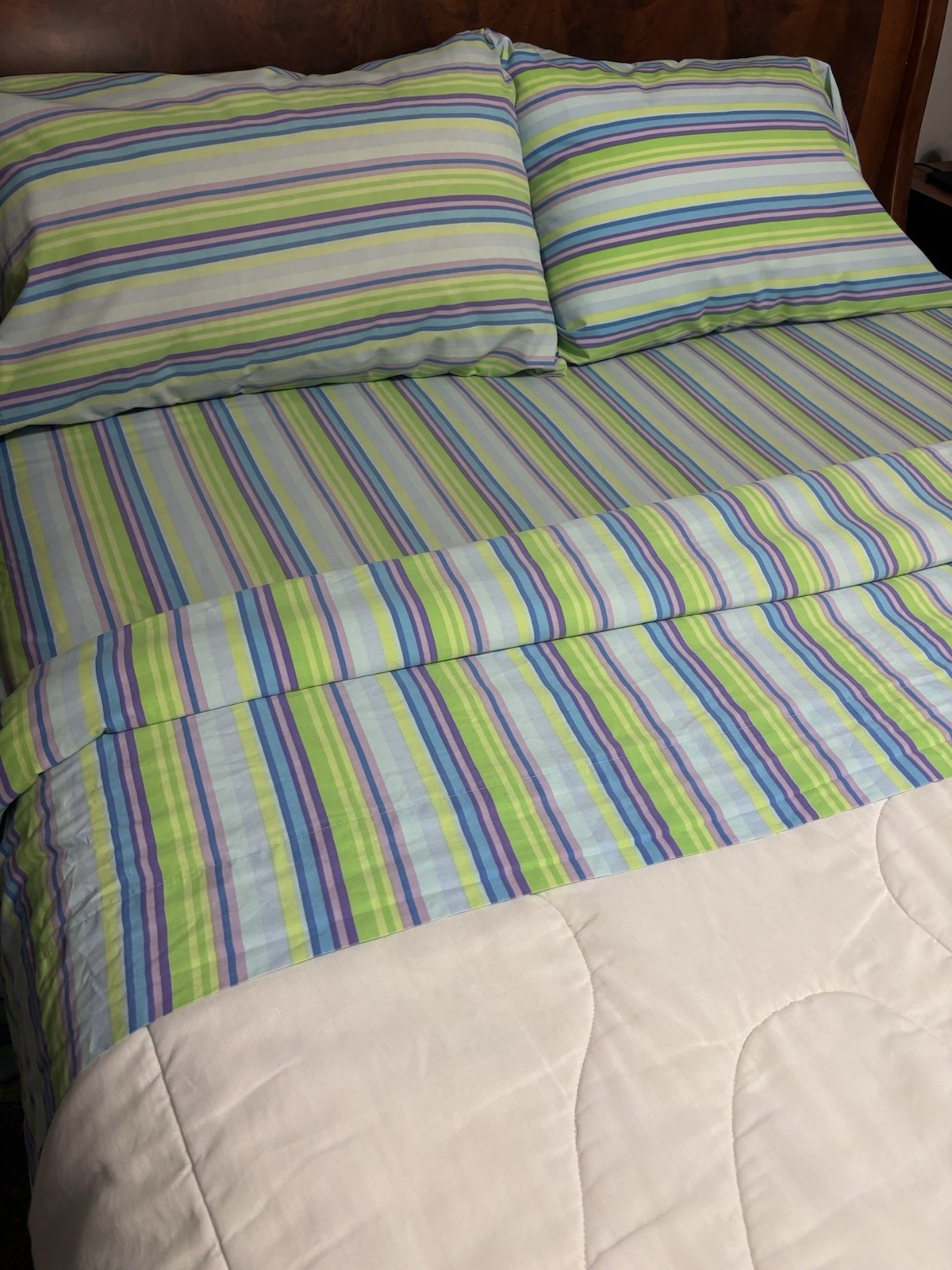 Vintage Striped Queen Sheet Set 4-Piece Flat Fitted 2 Cases Green Blue Purple 