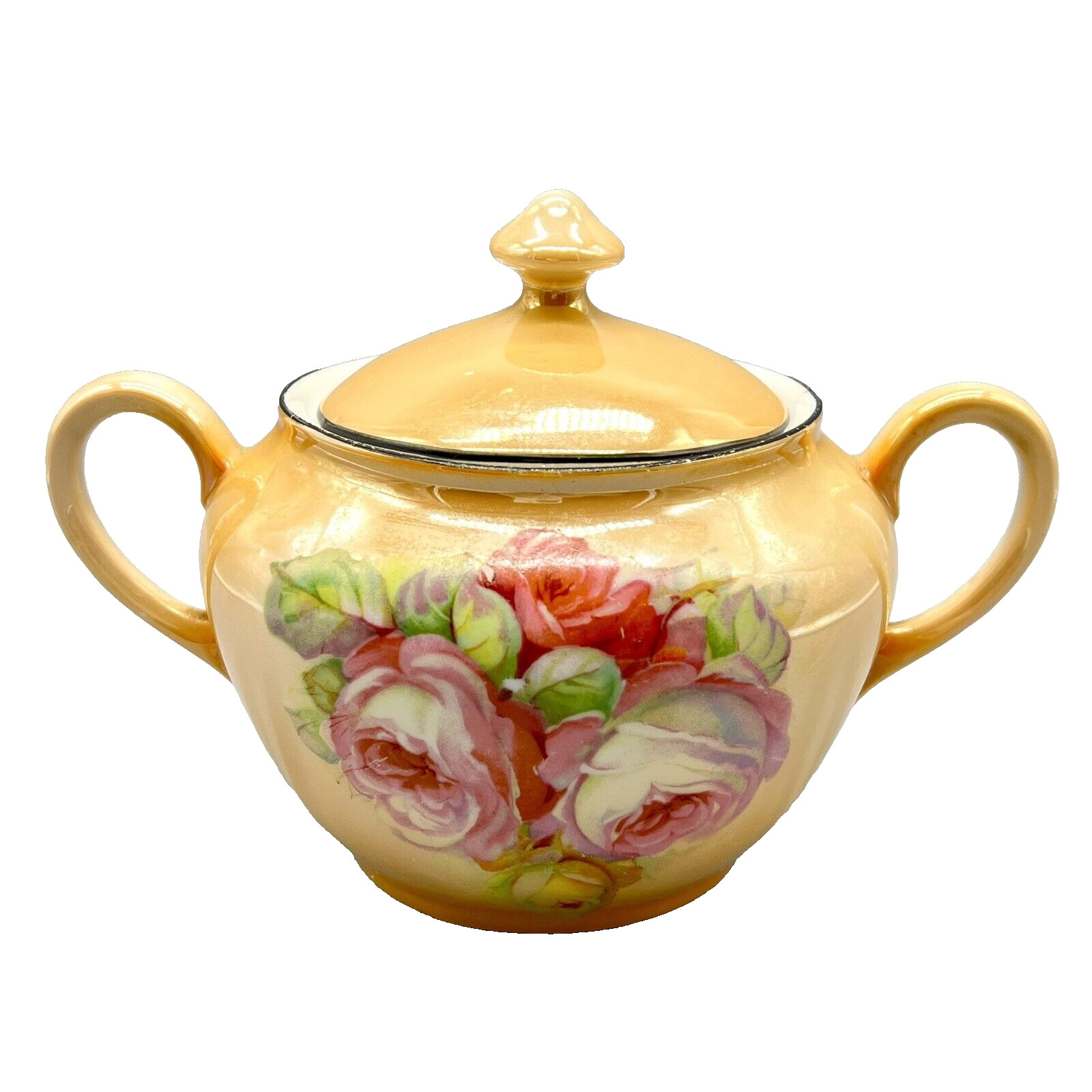 Vintage Peach Lusterware Sugar Bowl with Roses and Lid P.A.L.T. Czecho-Slovakia