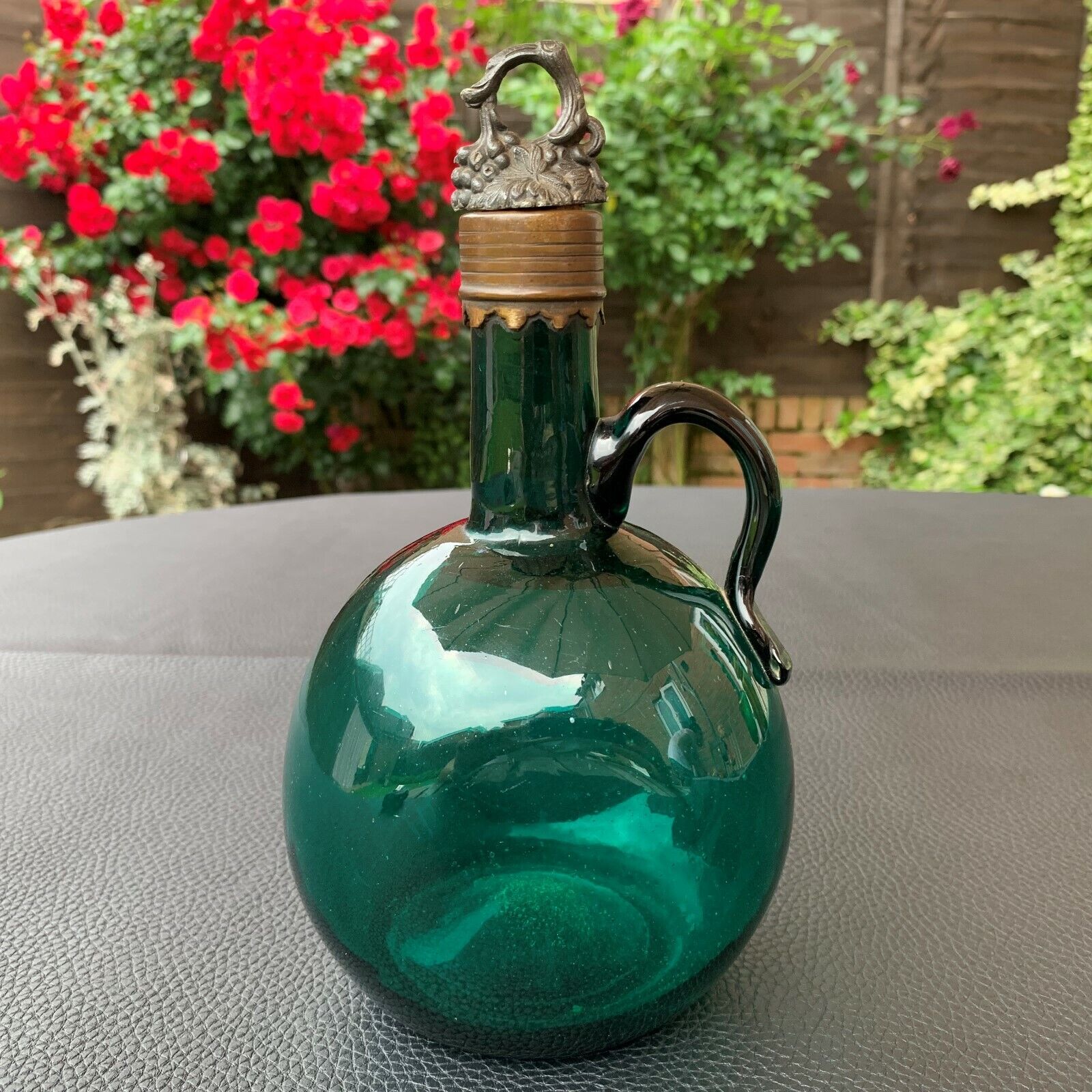 Antique Dark Green Glass Flask Decanter Bronze Cork Lined Stopper English 1900