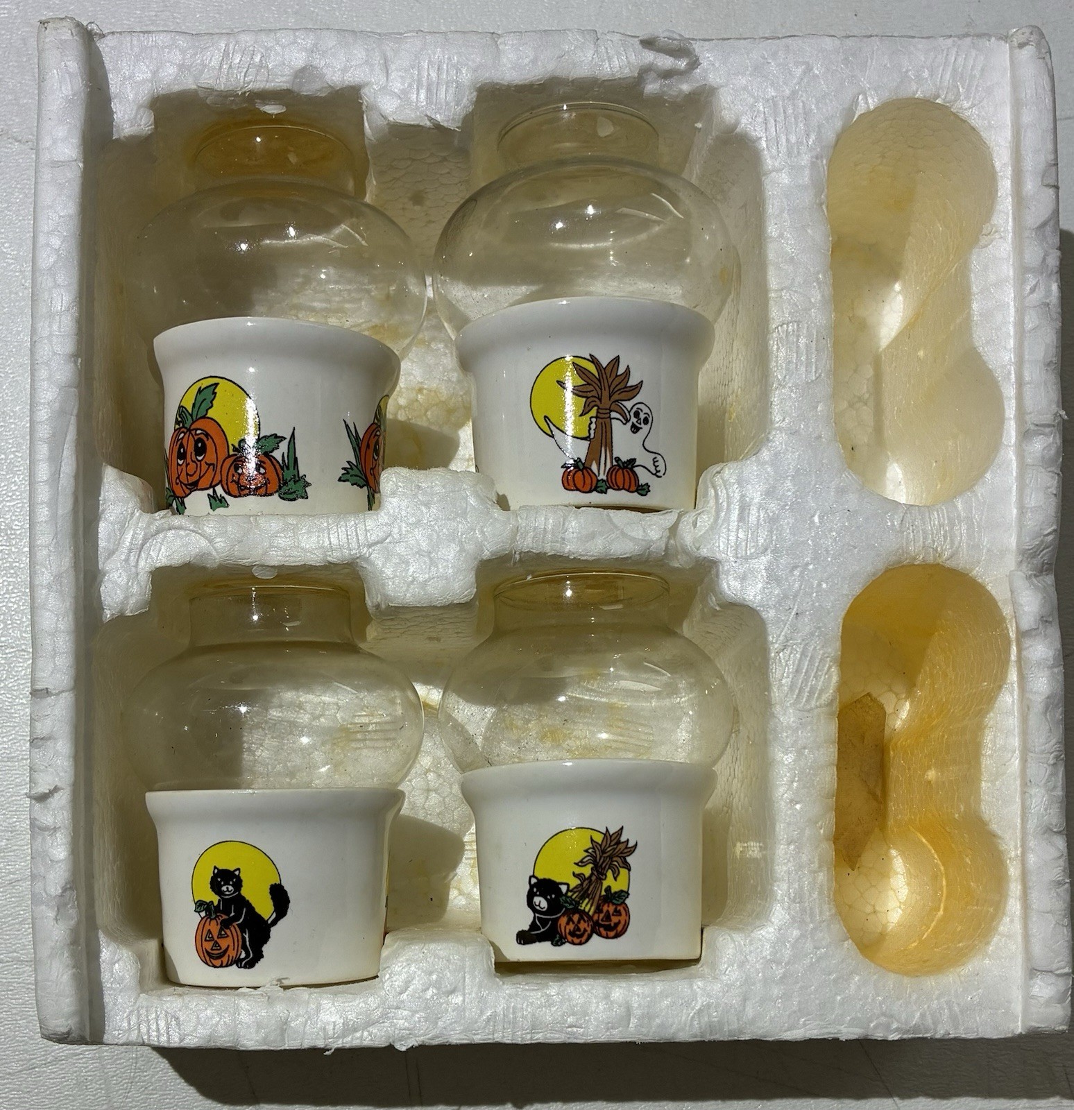 Vintage Mini Hurricane Lamps Halloween Cats House of Lloyd Ghost Pumpkin set 4