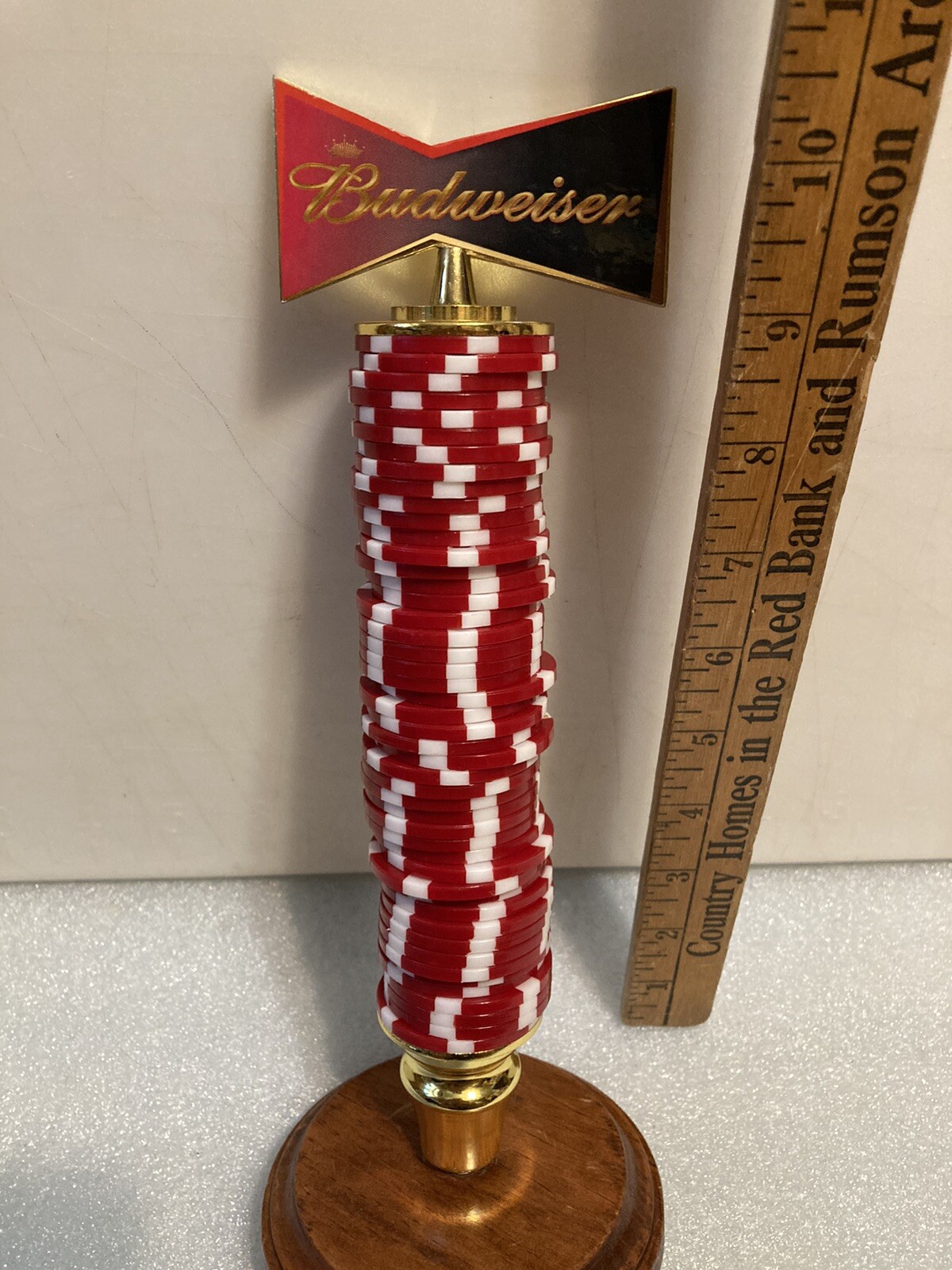 BUDWEISER FIVE $ DOLLAR RED POKER CHIPS Draft beer tap handle. ANHEUSER BUSCH