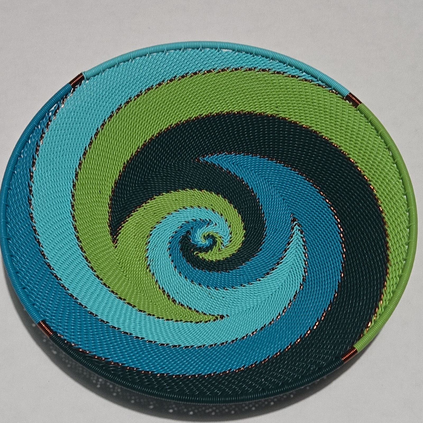 African Handwoven Round Basket Tray Blue Green Black Swirl Spiral Design